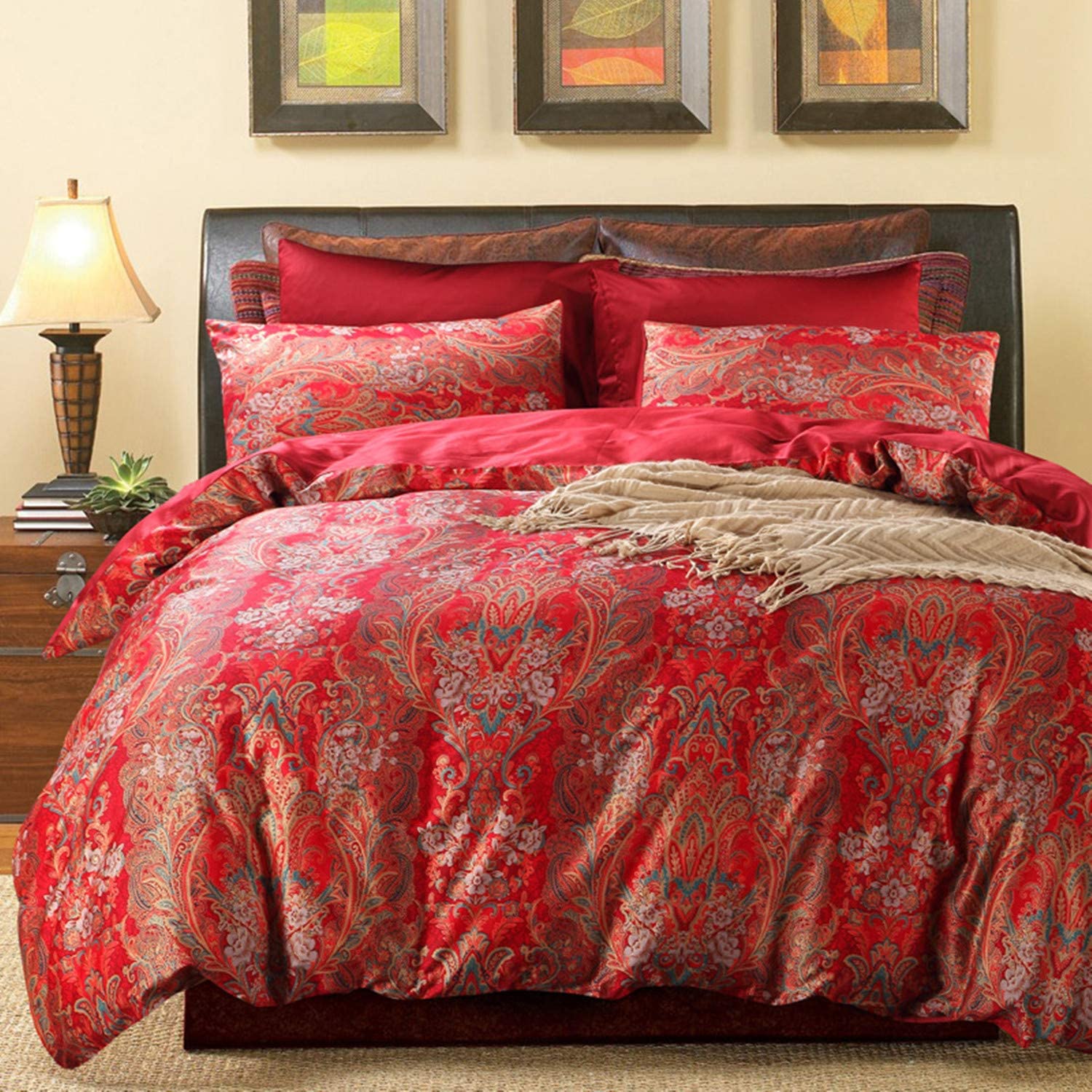 Price:$72.99 Boho Paisley Print Luxury Duvet Quilt Cover and Shams 3pc Bedding Set Bohemian Damask Medallion 800TC Egyptian Cotton Sateen (Queen, Gold Red) : Home & Kitchen