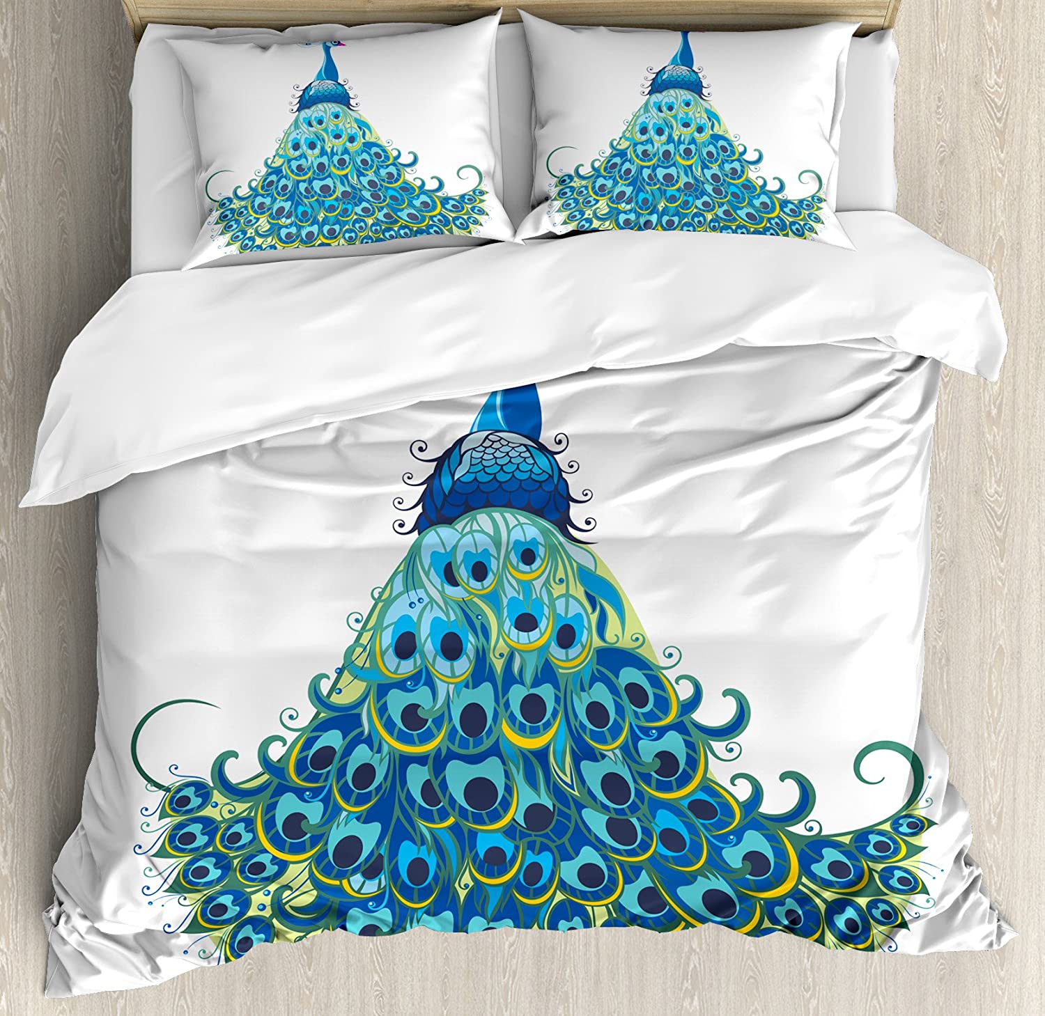 Price:$89.95 Peacock Duvet Cover Set, Peacock Illustration Floral Classical Curvy Design Tropics Wildlife Theme, Decorative 3 Piece Bedding Set with 2 Pillow Shams, King Size, Blue Yellow : Home & Kitchen