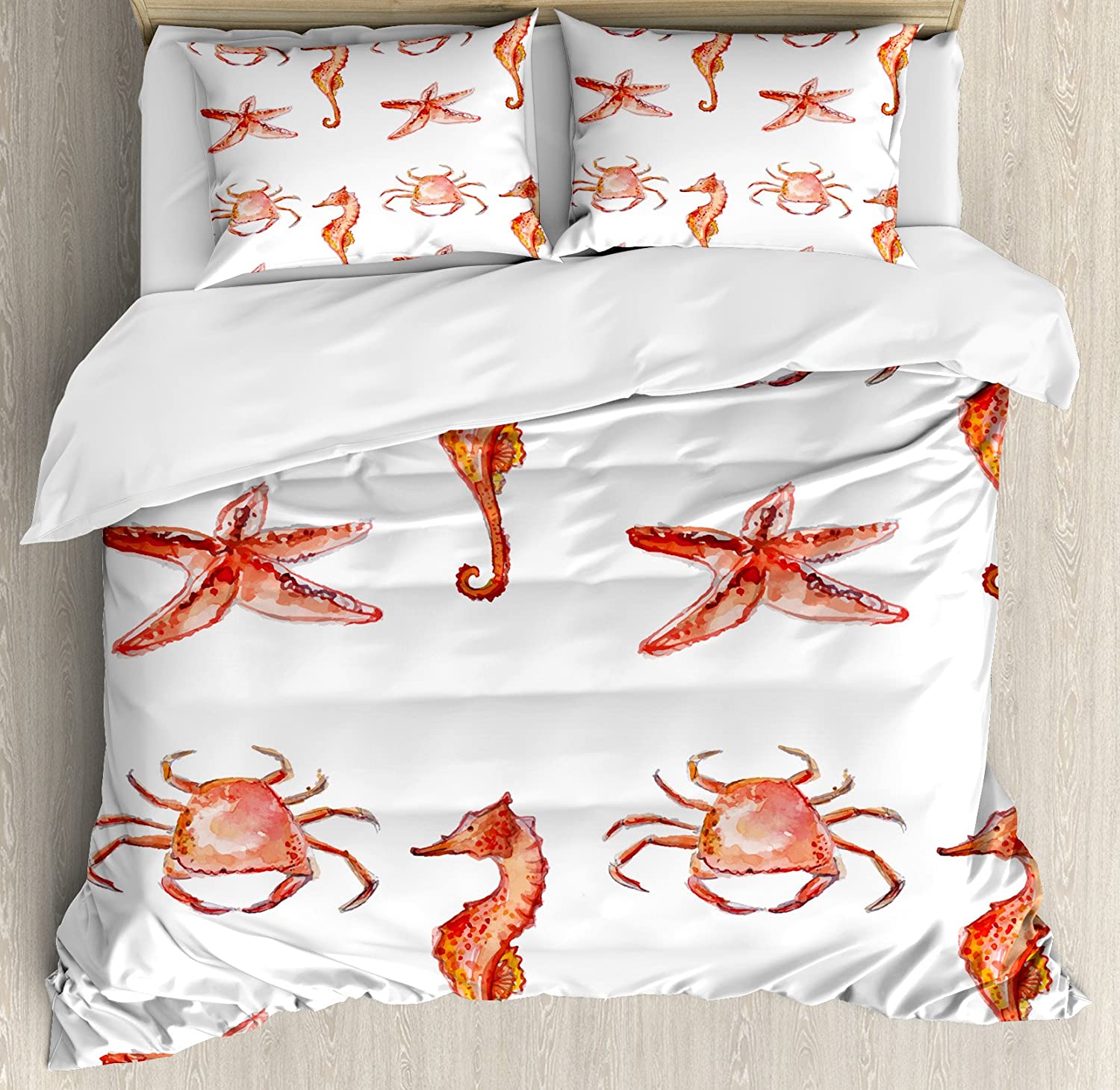 Price:$29.95 Nautical Duvet Cover Set, Crab Seahorse Starfish Hand Drawn Underwater Sea Creatures Ocean Image, Decorative 3 Piece Bedding Set with 2 Pillow Shams, King Size, Coral Salmon : Home & Kitchen