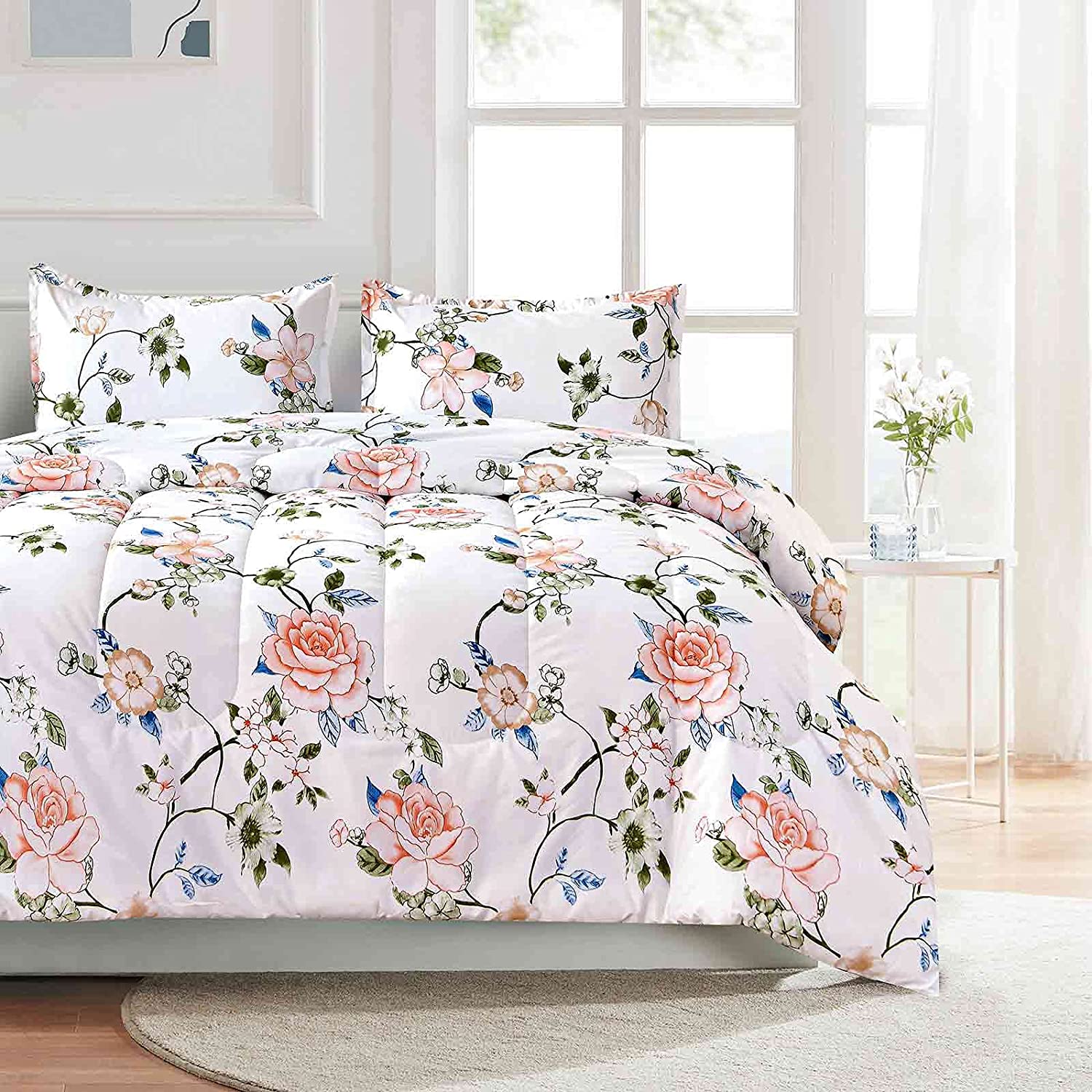 Price:$29.39 Comforter Set Queen Size White Floral Red Rose Print 3pc 88 x 90 inch Reversible Down Alternative Comforter Microfiber Duvet Sets Farmhouse Modern Bedding for Women Men Teen Flower : Home & Kitchen