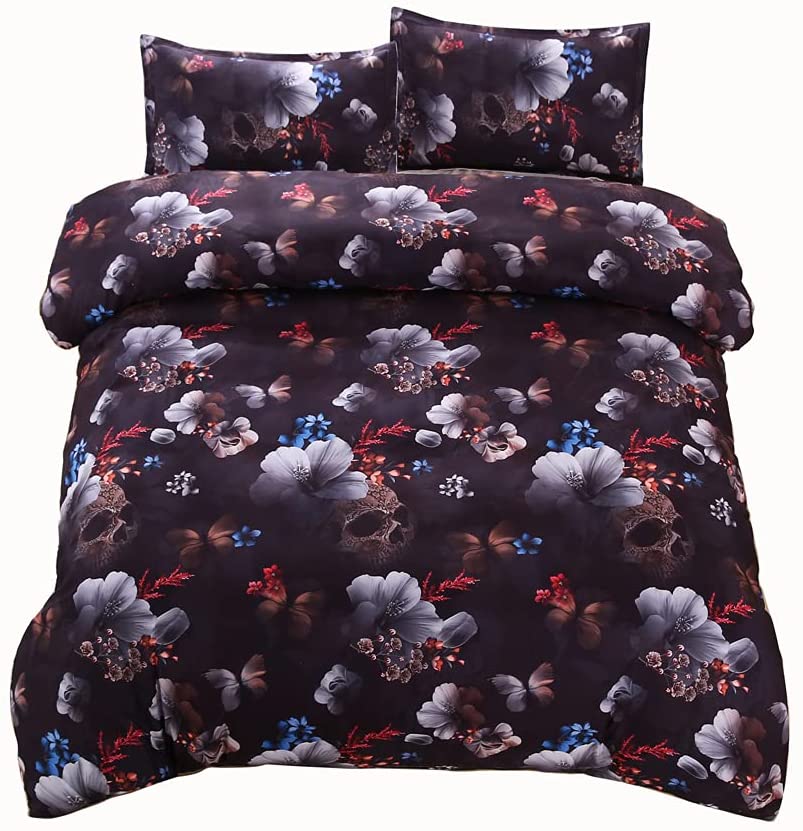 Price:$48.99 Skull Floral Duvet Cover Sets Grey Gothic Skull on Black Background Home Decor Quilt Cover with Pillowcase for Kids and Adults Bedspread Cover (Queen, 01) : Home & Kitchen