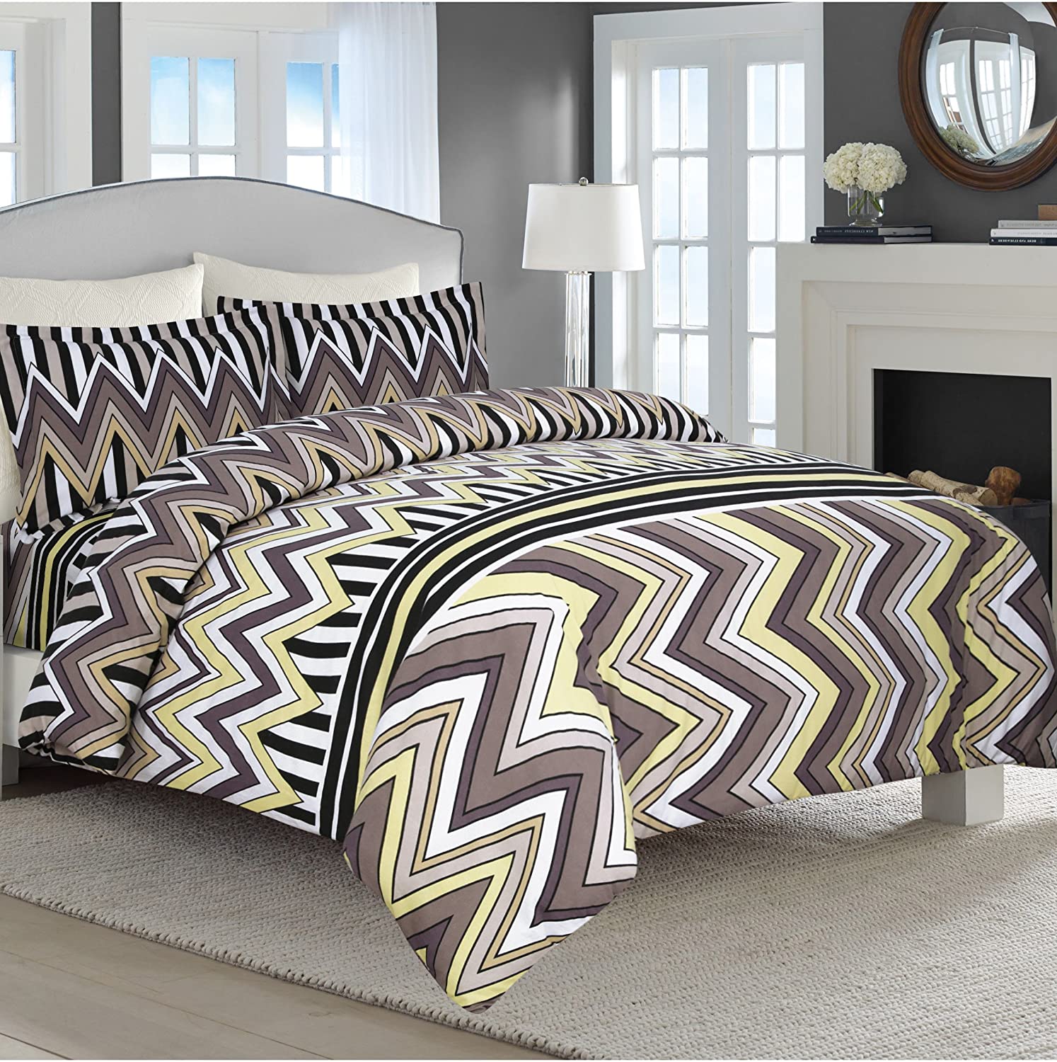 Price:$77.50 Living 170 GSM Chevron Stripe Printed Flannel Luxury Duvet Cover Set, King, Multicolor : Home & Kitchen