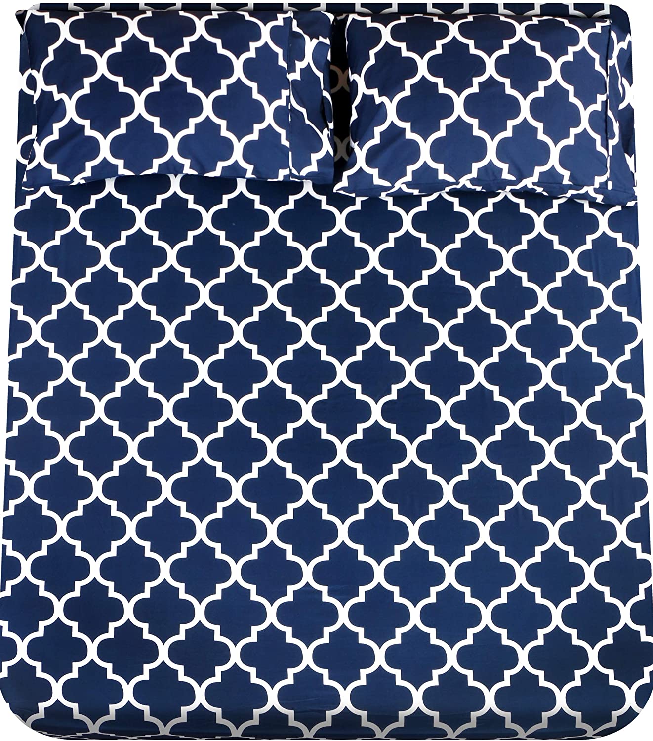 Price:$19.99 Bedding Printed Cal King Sheet Set - 1 Fitted Sheet, 1 Flat Sheet and 2 Pillowcases - Soft Brushed Microfiber Fabric- Shrinkage and Fade Resistant (Cal King, Navy Quatrefoil with White Pattern) : Home & Kitchen