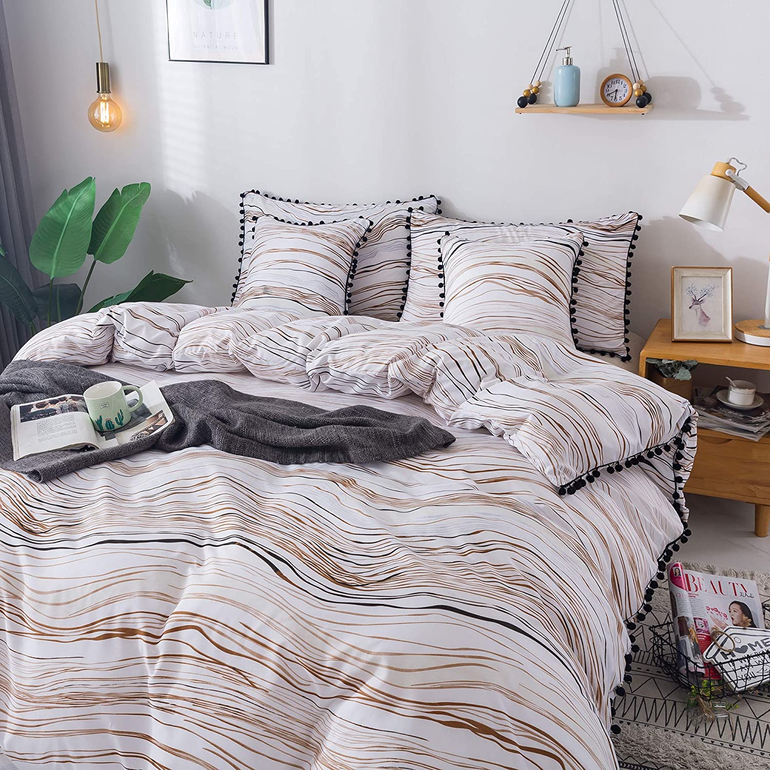 Price:$50.00 Cover Queen Zebra Print Comforter Cover Bedding 3 Pieces Set (1 Cover + 2 Pillow Covers) Ball Pom Fringe Cover Set (Twin XL Size, Brown Black and White) : Home & Kitchen
