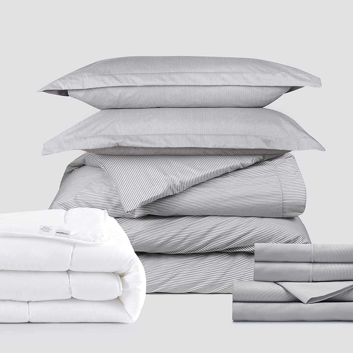 Price:$64.59 Complete Microfiber Bedding Bundle - 4 Piece Sheet Set (Queen, Light Gray) & 3 Piece Microfiber Duvet Set (Queen, Classic Stripe - Light Gray) & Microfiber Shell Down Comforter (Queen) : Home & Kitchen