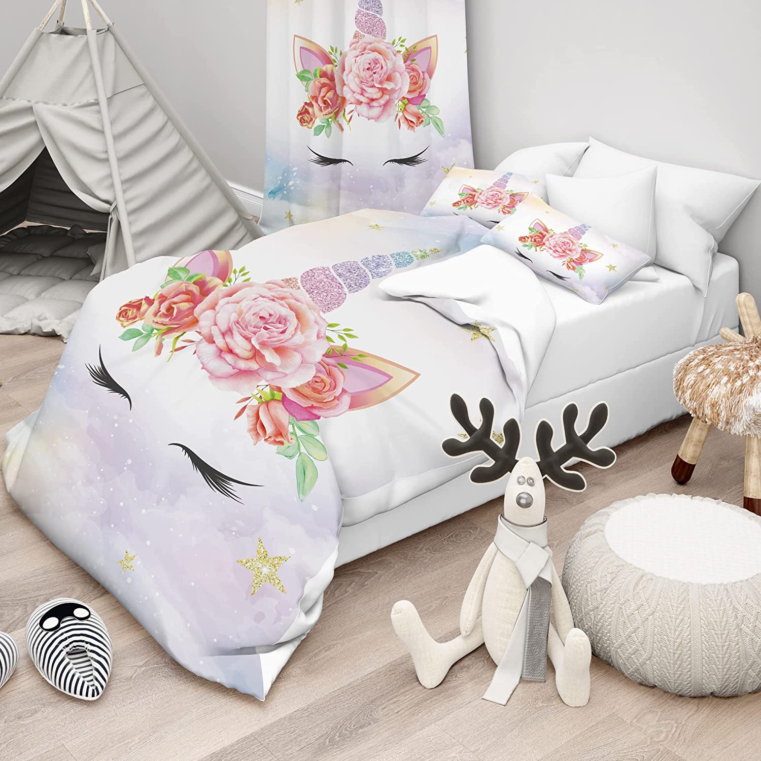 Price:$45.99 Unicorn Duvet Cover Set Window Curtains Girls Kids, Pink Floral Flower Cartoon Cute Modern 3 Piece Bedding Set Cloud Star Teens Children Bedroom Decor Comforter Set Drapes. : Home & Kitchen