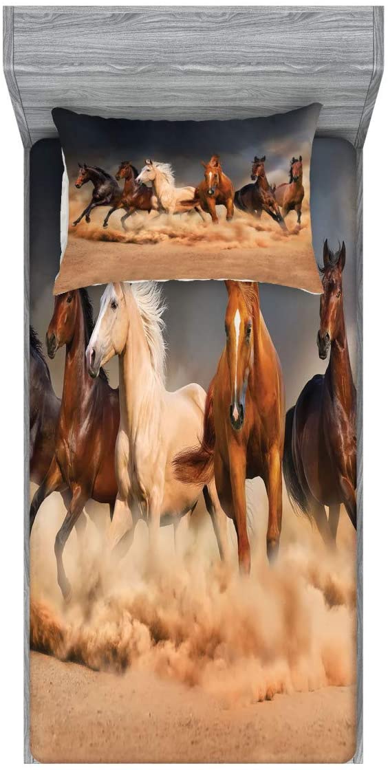 Price:$32.99 Horse Fitted Sheet & Pillow Sham Set, Equine Themed Animals Galloping in The Sand Running Horses Pattern, Decorative Printed 2 Piece Bedding Decor Set, Twin, Brown Charcoal : Home & Kitchen