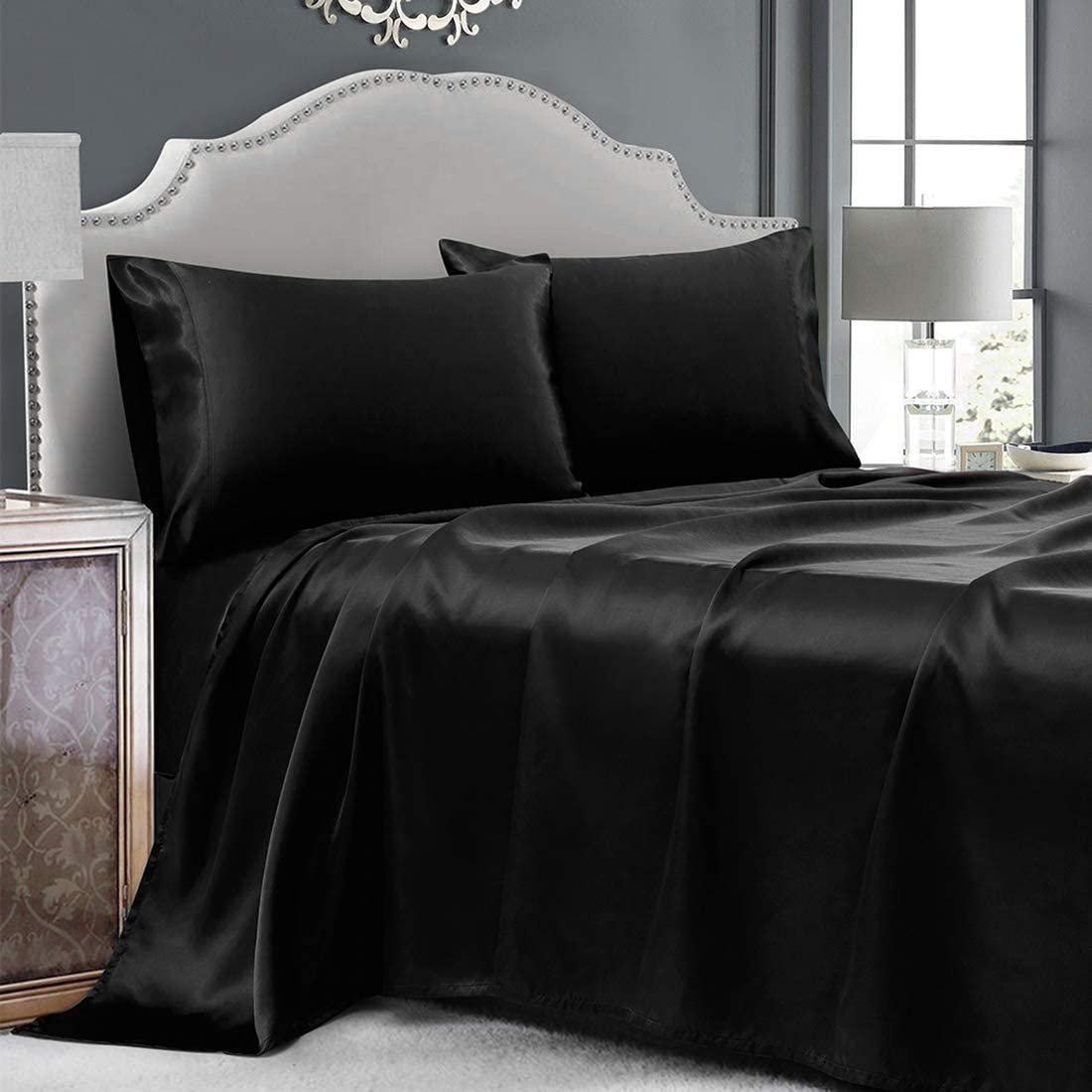 Price:$29.99 4 Pcs Black Satin Sheets Full Size Silk Satin Bedding Sheets Set with 1 Deep Pocket Fitted Sheet, 1 Flat Sheet, 2 Pillowcase : Home & Kitchen