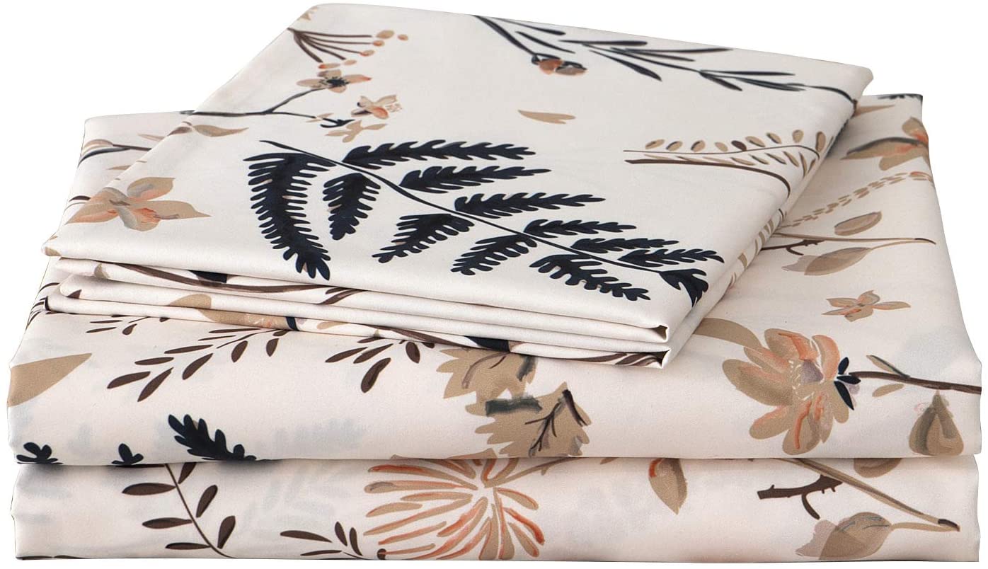 Price:$24.89 Floral Leaves Print Sheet Set King, 4 Piece Soft Microfiber Botanical Sheets 15" Extra Deep Pocket : Home & Kitchen