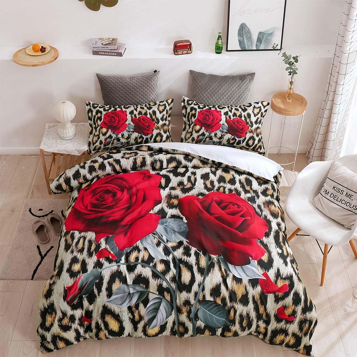 Price:$34.00 Print Duvet Cover Set, Rose Twin Full Microfiber GSM90 Sets 3 Pieces (1 Duvet Cover + 2 Pillow Shams) (King) : Home & Kitchen