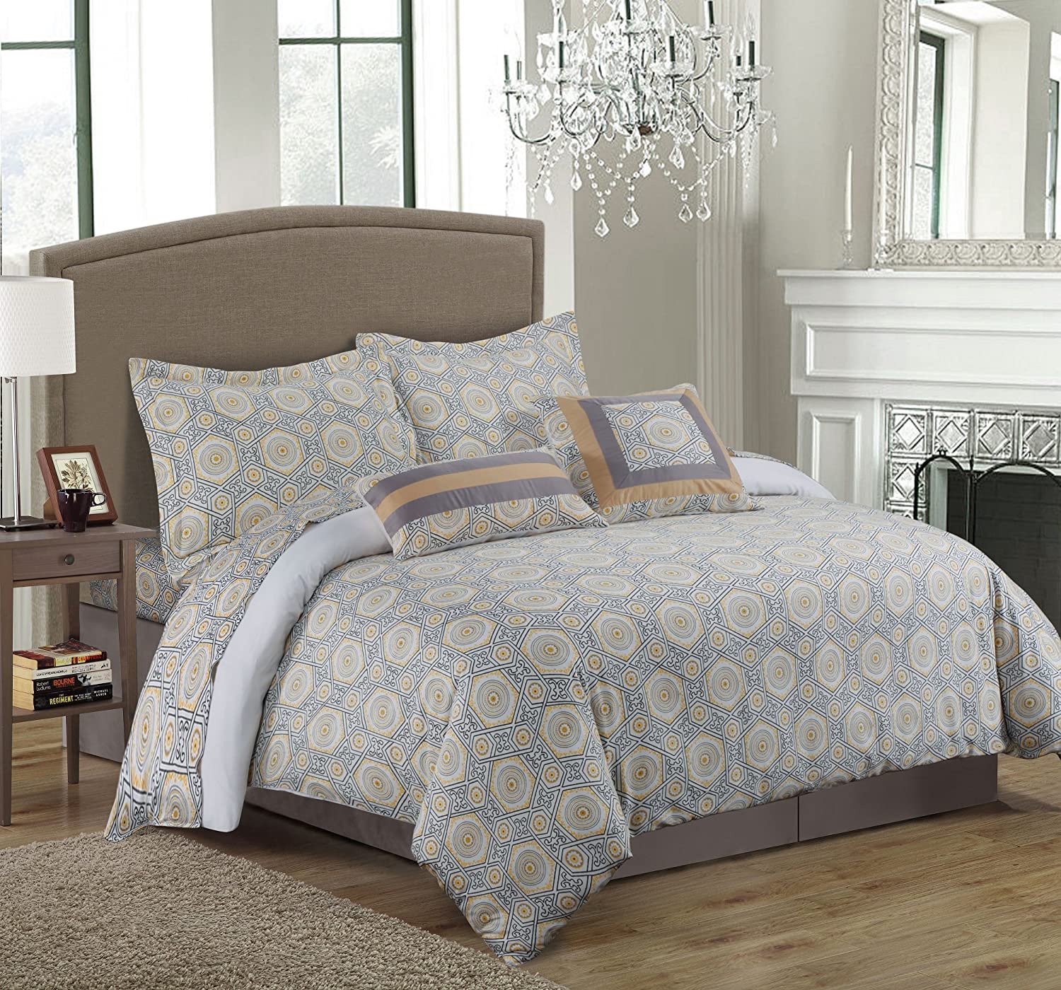 Price:$93.48 Living Maldives 5 Piece Egyptian Cotton Medallion Printed Duvet Cover Set, King, Grey/Yellow : Home & Kitchen