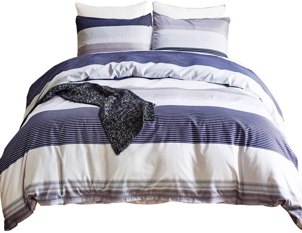 Price:$42.99 3 Piece Duvet Cover Set 100% Washed Cotton Bedding (Blue Strip, Queen) : Home & Kitchen