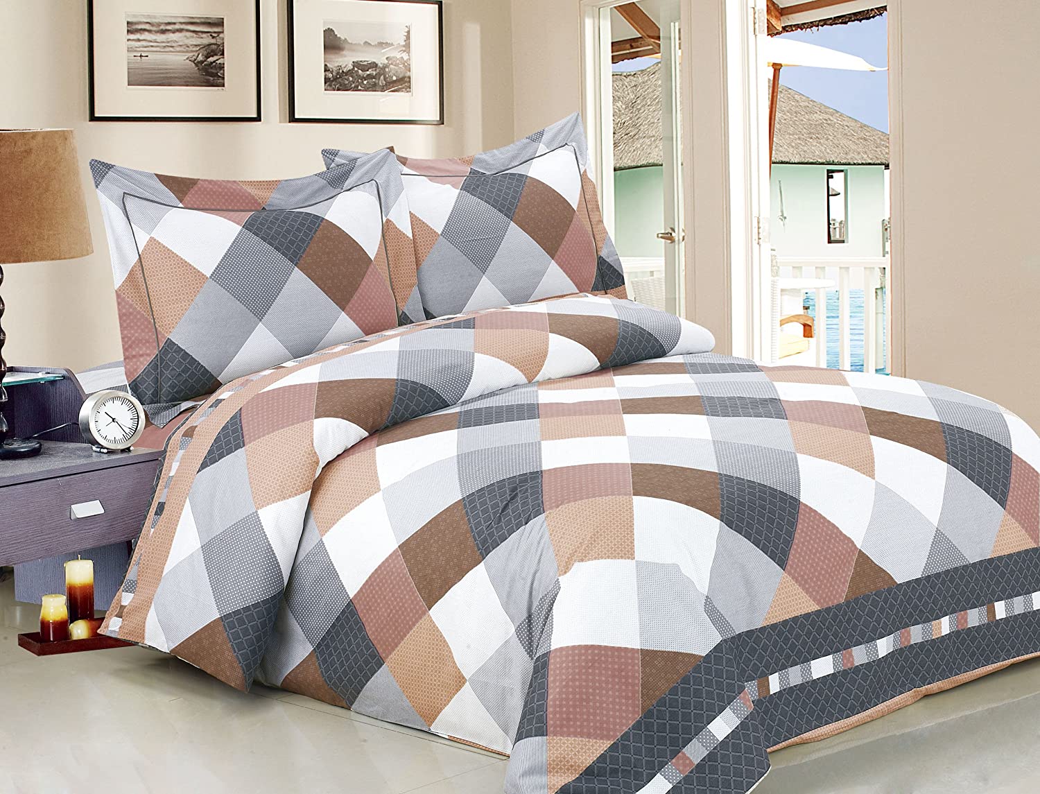 Price:$137.00 Linen French Beige Grey Checks Collection Full Duvet Set, 54" : Home & Kitchen