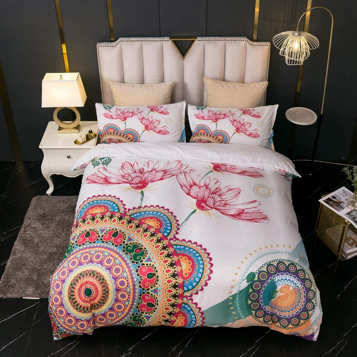 Price:$32.00 Print Duvet Cover Set, Lotus Twin Full Microfiber GSM90 Sets 3 Pieces (1 Duvet Cover + 2 Pillow Shams) (Full) : Home & Kitchen