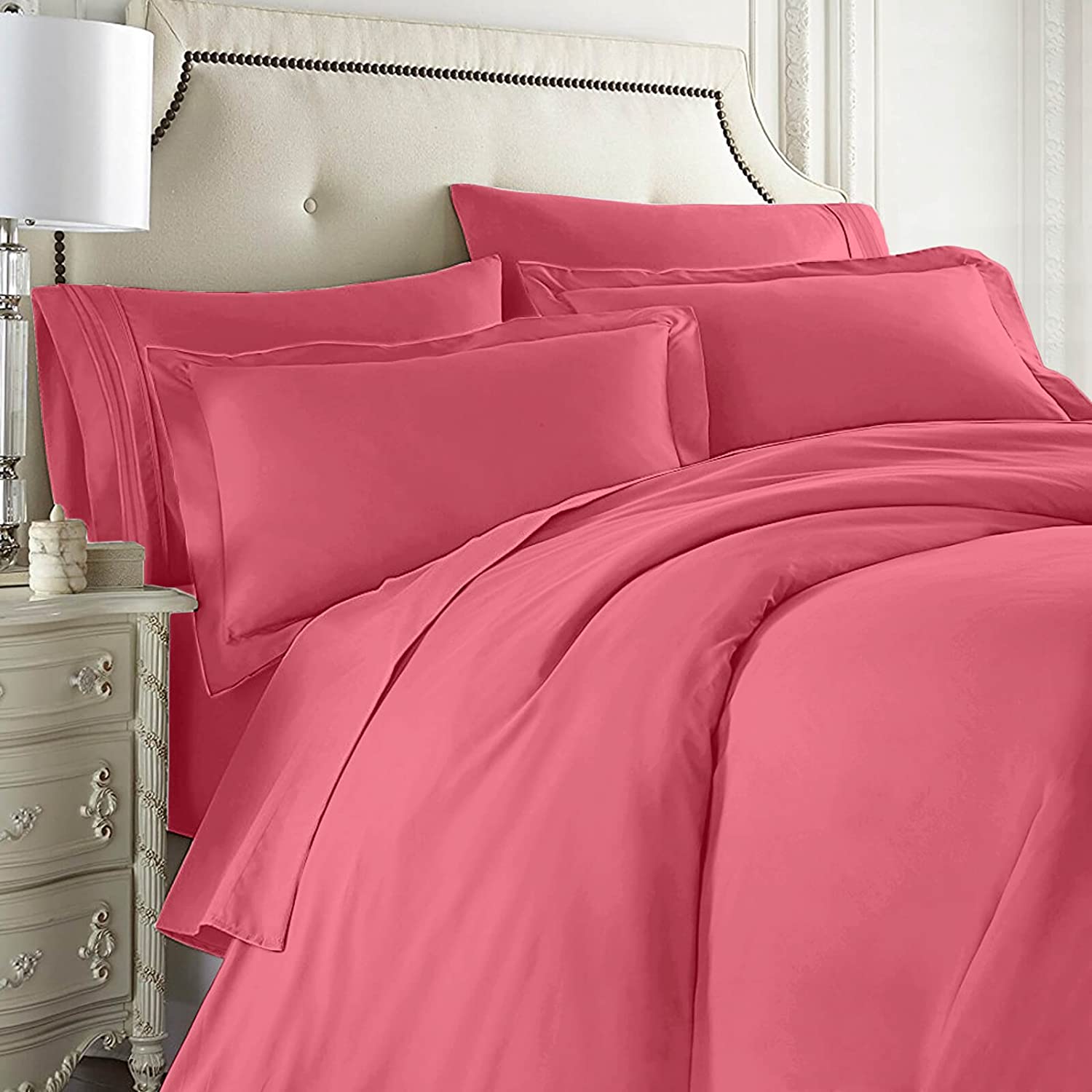Price:$58.65 Clark Complete 8 Piece Bedding Set Includes Fitted and Flat Sheets, Duvet, Pillow Covers, Split King, Coral Pink : Home & Kitchen