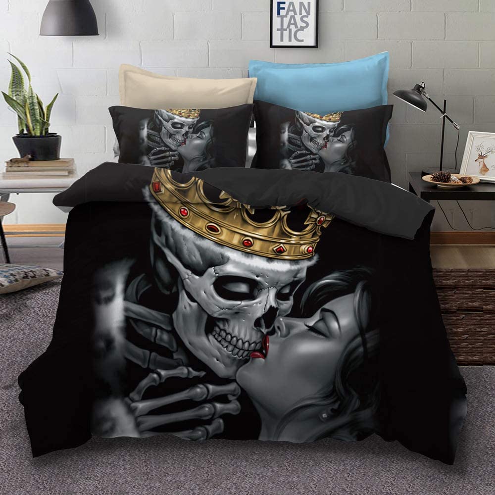 Price:$21.99 3PC The Dead Couple Set Heart Kiss Decorative Full/Queen Size Duvet Cover Set Skull Bedding Sets No Comforter Inside : Home & Kitchen