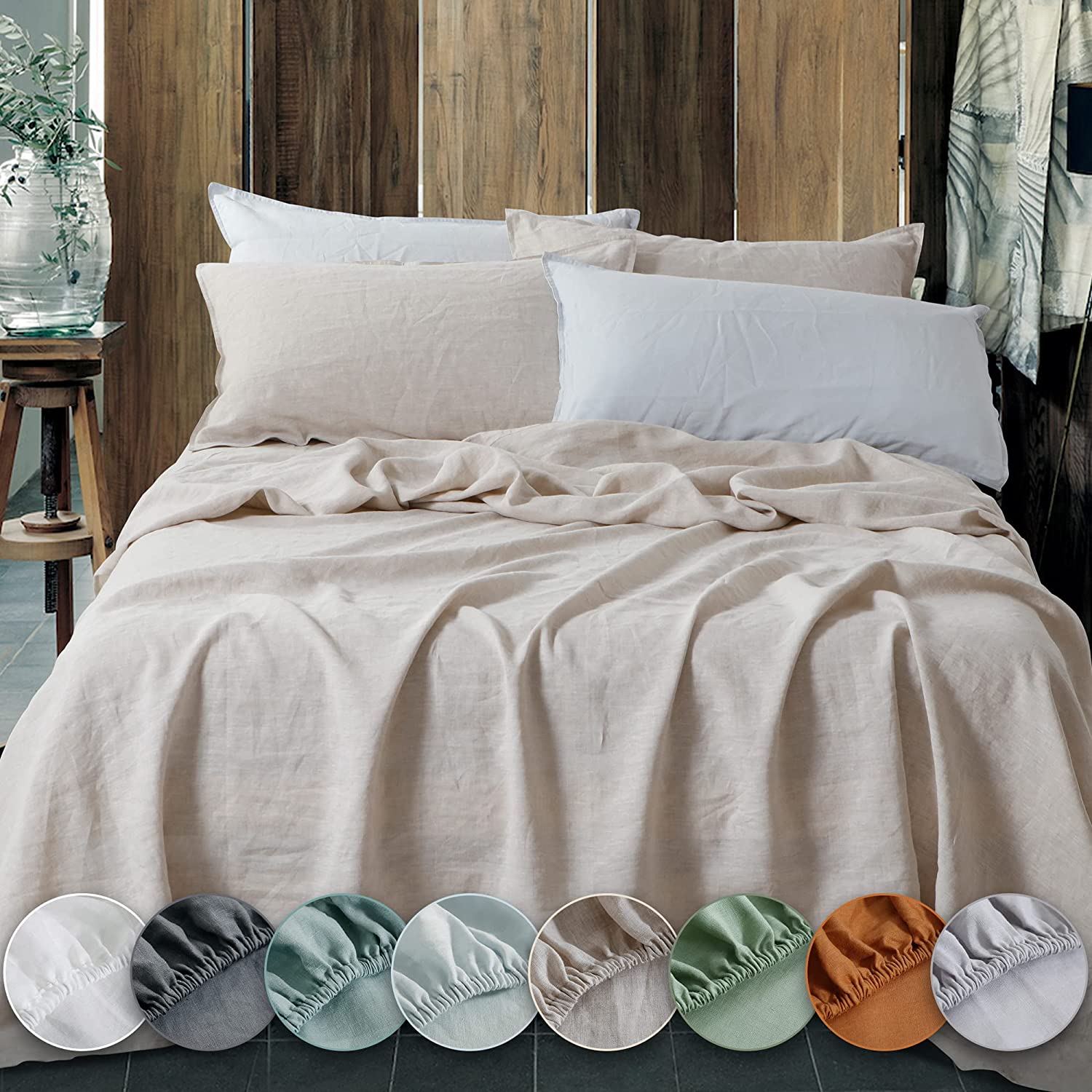 Price:$144.99 Linen King Size Sheets Set, 100% Stonewashed French Linen Bed Sheets Deep Pocket Sheets, 4 Pieces (1 Flat Sheet, 1 Fitted Sheet, 2 Pillowcases) Natural Flax Bedding Set, Linen : Home & Kitchen