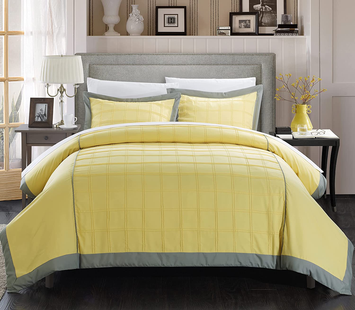 Price:$56.21 Home 3-Piece Angelina Pintucked Contemporary Duvet Set, King, Yellow : Home & Kitchen