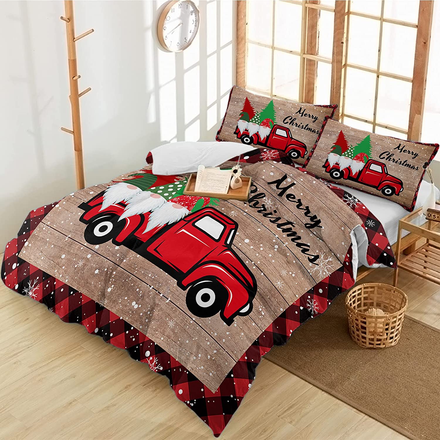 Price:$95.99 TOUR 3 Pieces Duvet Cover Sets California King Bedding Set Christmas Gnome on Farm Truck Cartoon Bed Cover Quilt with Pillow Shams Wooden Plank and Red Lattice for All Season : Home & Kitchen