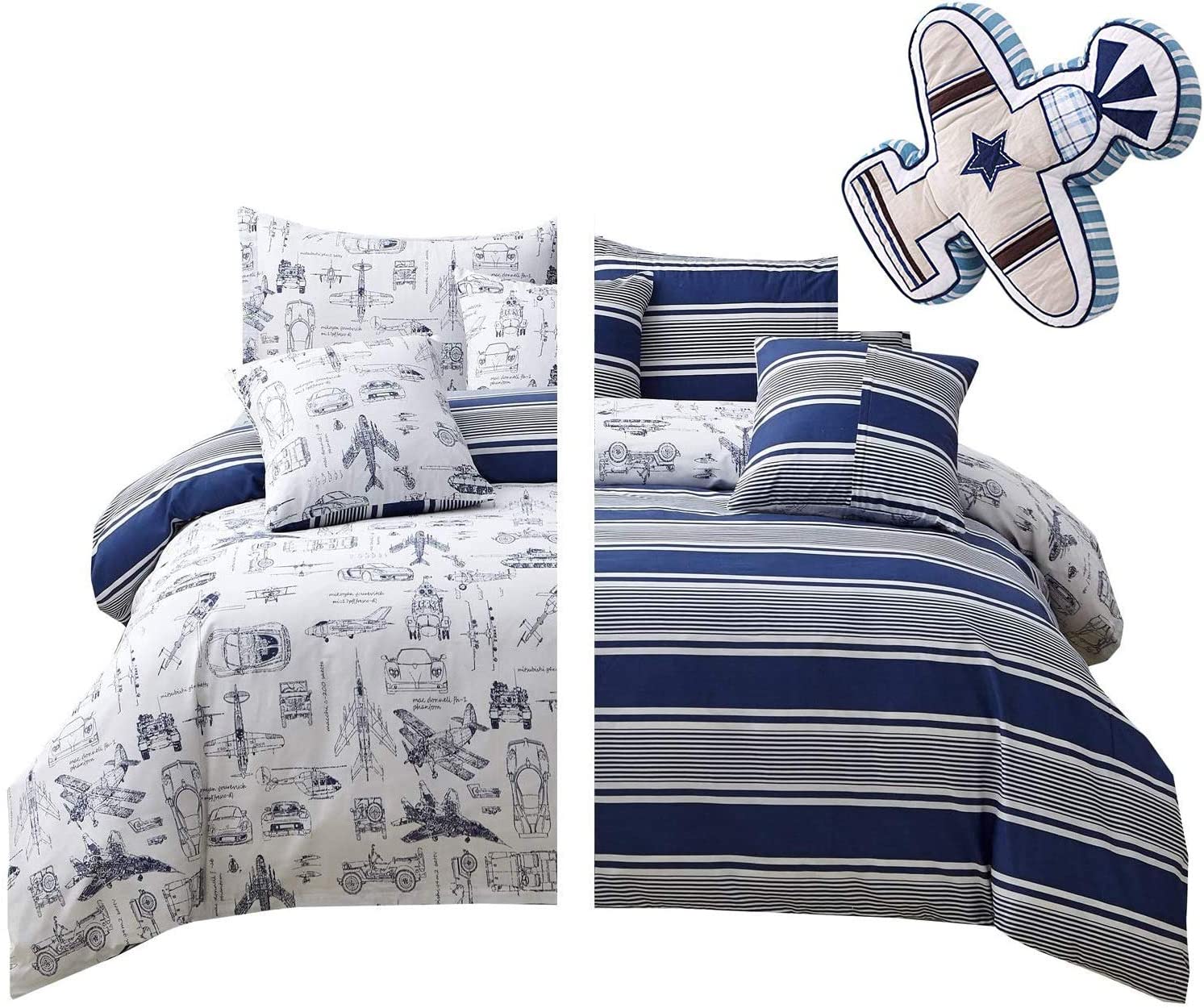 Price:$99.00 4-Piece Kids Bedding Sets Full Size Boys Race Cars Aircraft 100% Cotton Blue Striped Duvet Cover Set : Home & Kitchen