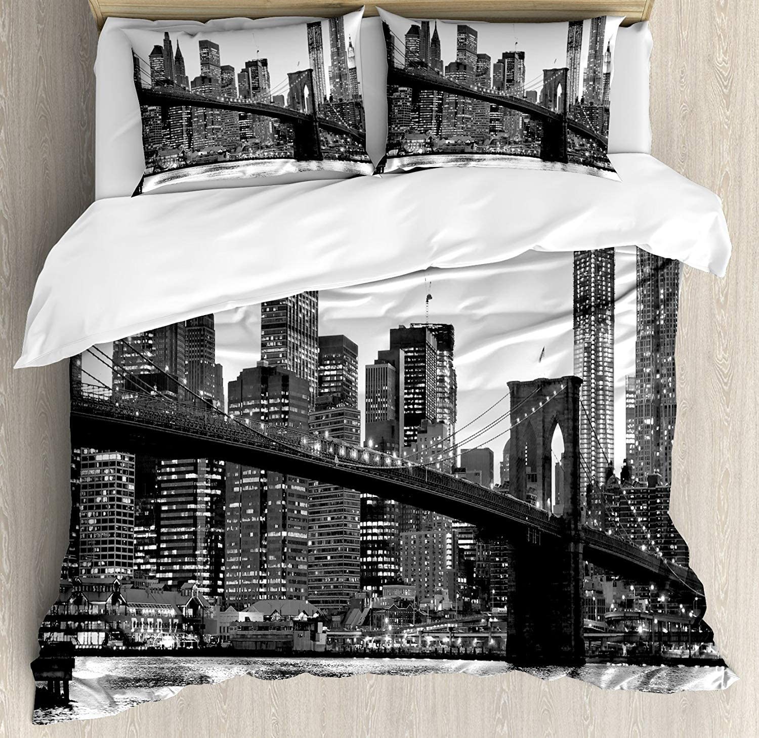Price:$60.00 Decor Modern Bedding Set,Brooklyn Bridge Sunset with Manhattan American New York City Famous Town Image,4 Piece Duvet Cover Set Bedspread for Childrens/Kids/Teens/Adults,Black and White Twin Size : Home & Kitchen