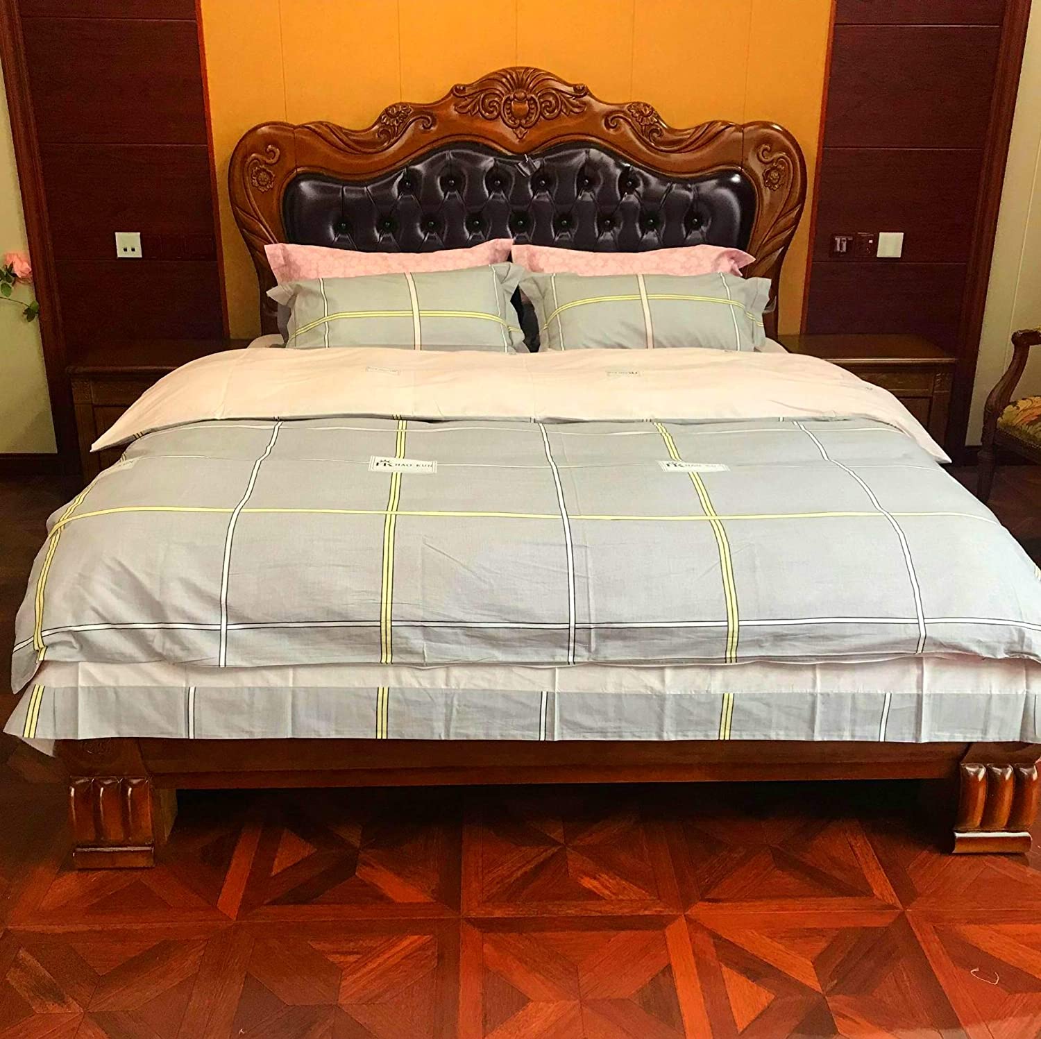 Price:$58.99 Duvet Cover Sets 100% Natural Cotton 4 Pieces Bedding Set with Zipper Closure, Light Gray Plaid, Soft Fade Resistant Quit Cover Queen : Home & Kitchen