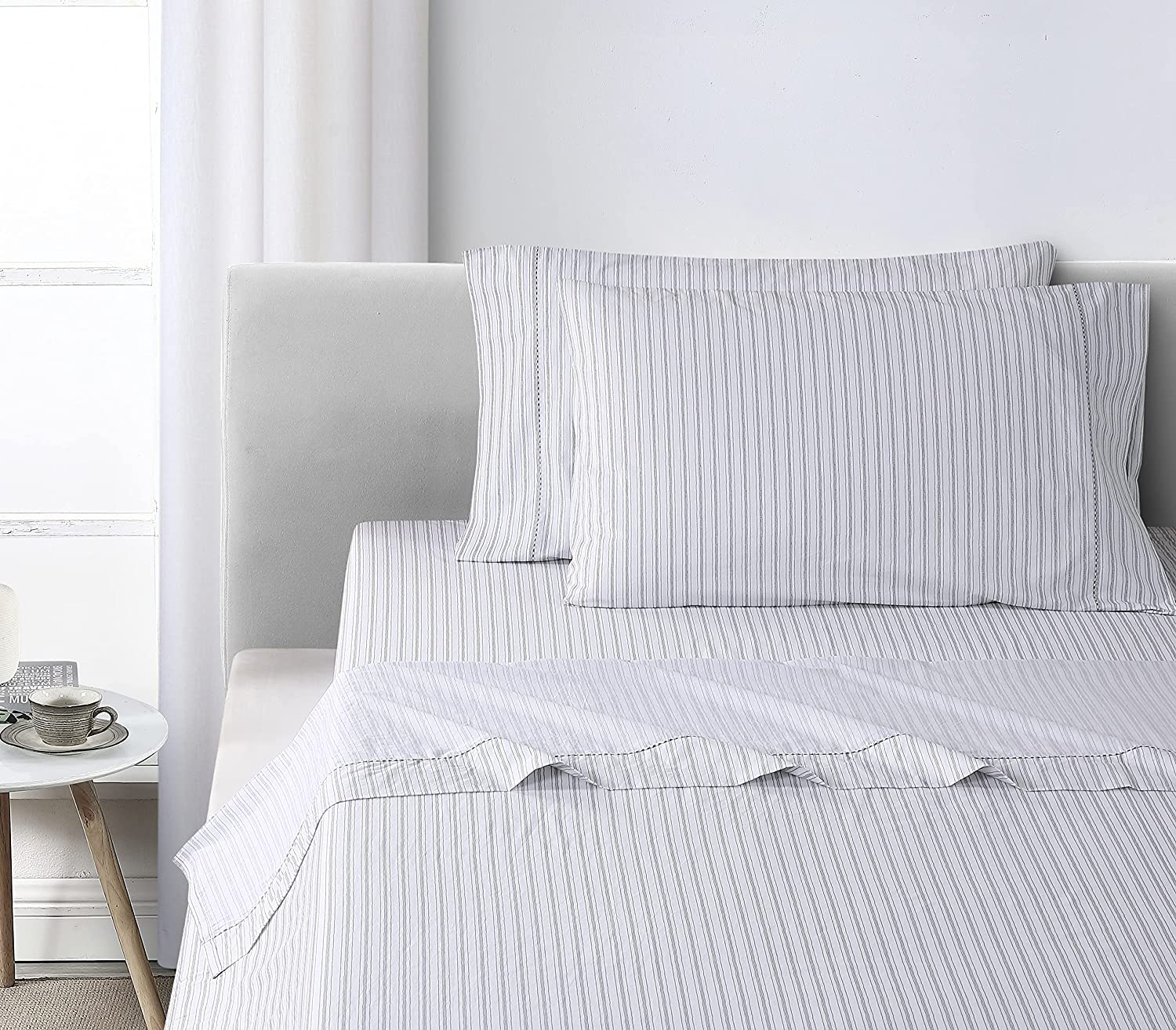 Price:$56.57 Home Antimicrobial 100% Cotton Washed Percale Sheet Set, Twin, Brighton Stripe, Graphite, Multicolor : Home & Kitchen