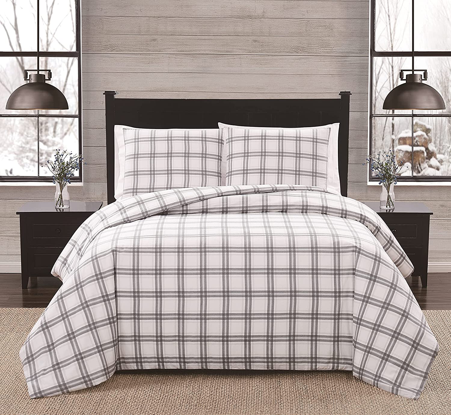 Price:$96.90 Fog - Twin XL 2 Piece Duvet + Sham Set - Plaid Flannel Collection - Grey : Home & Kitchen