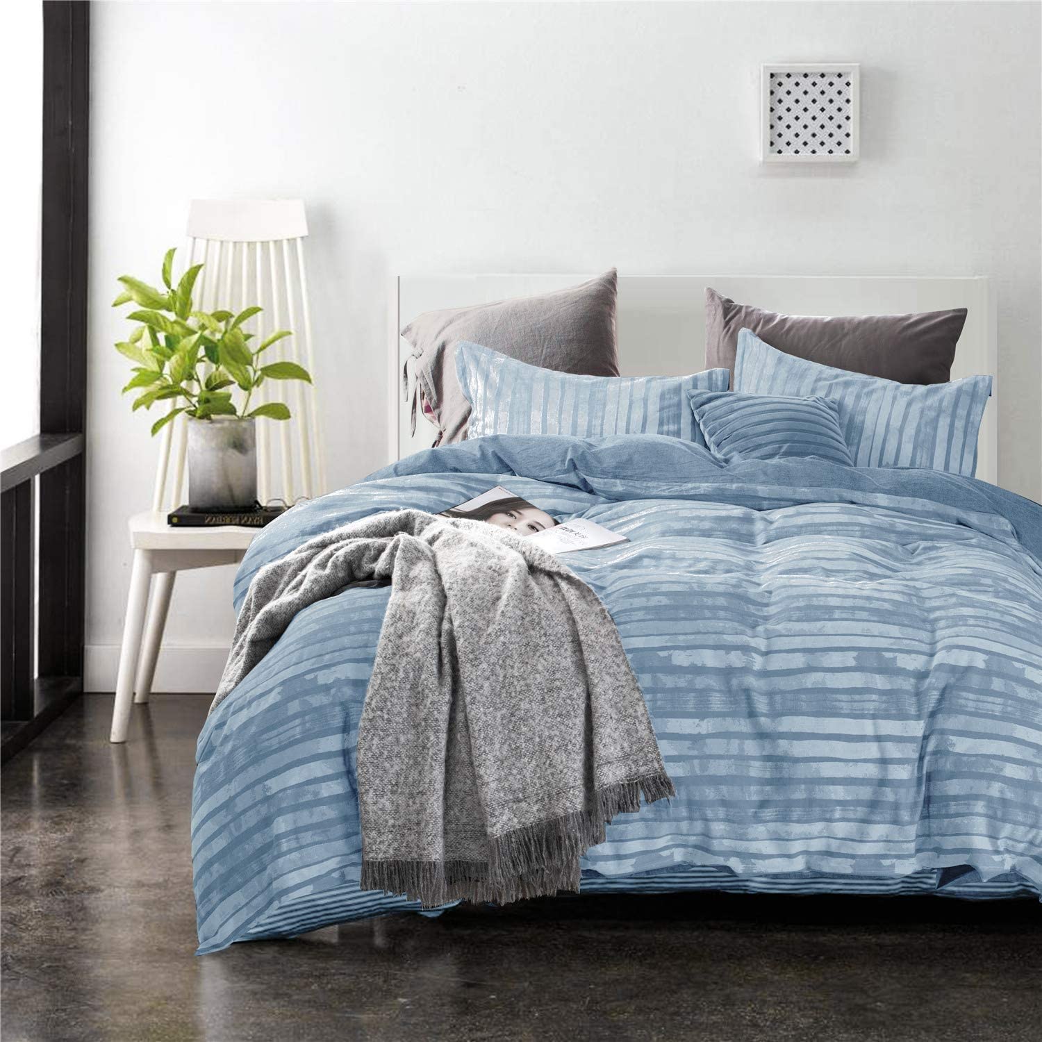 Price:$36.99 Cotton Duvet Cover Set Comforter Set Queen 3 Pieces Bedding Sets Luxury Jacquard Stripe Soft and Comfortable Bed Cover & Pillow Shams (Queen, Blue Strip) : Home & Kitchen