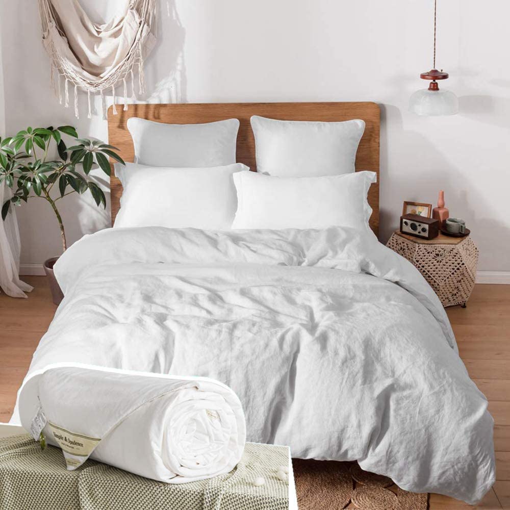 Price:$300.99 100% Linen Duvet Cover Set with Washed-Belgian Flax-3 Pieces Solid Color Basic Style Bedding Set King Size White+Tussan Silk Comforter : Home & Kitchen