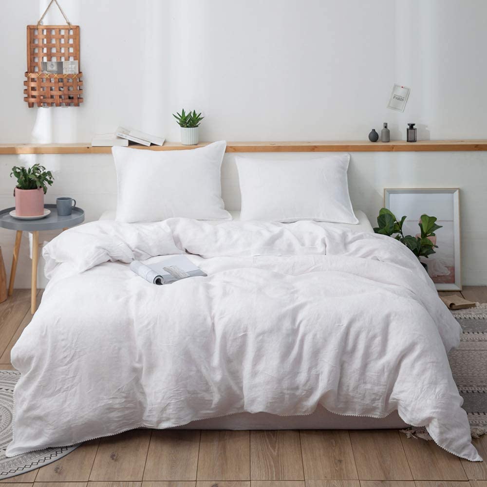 Price:$259.99 100% Pure Linen Duvet Cover Set King(104" x 92"), 1 Comforter Cover and 2 Pillow Shams, Soft Breathable Bedding Set with White Pom Pom Trim Design(Pure White) : Home & Kitchen