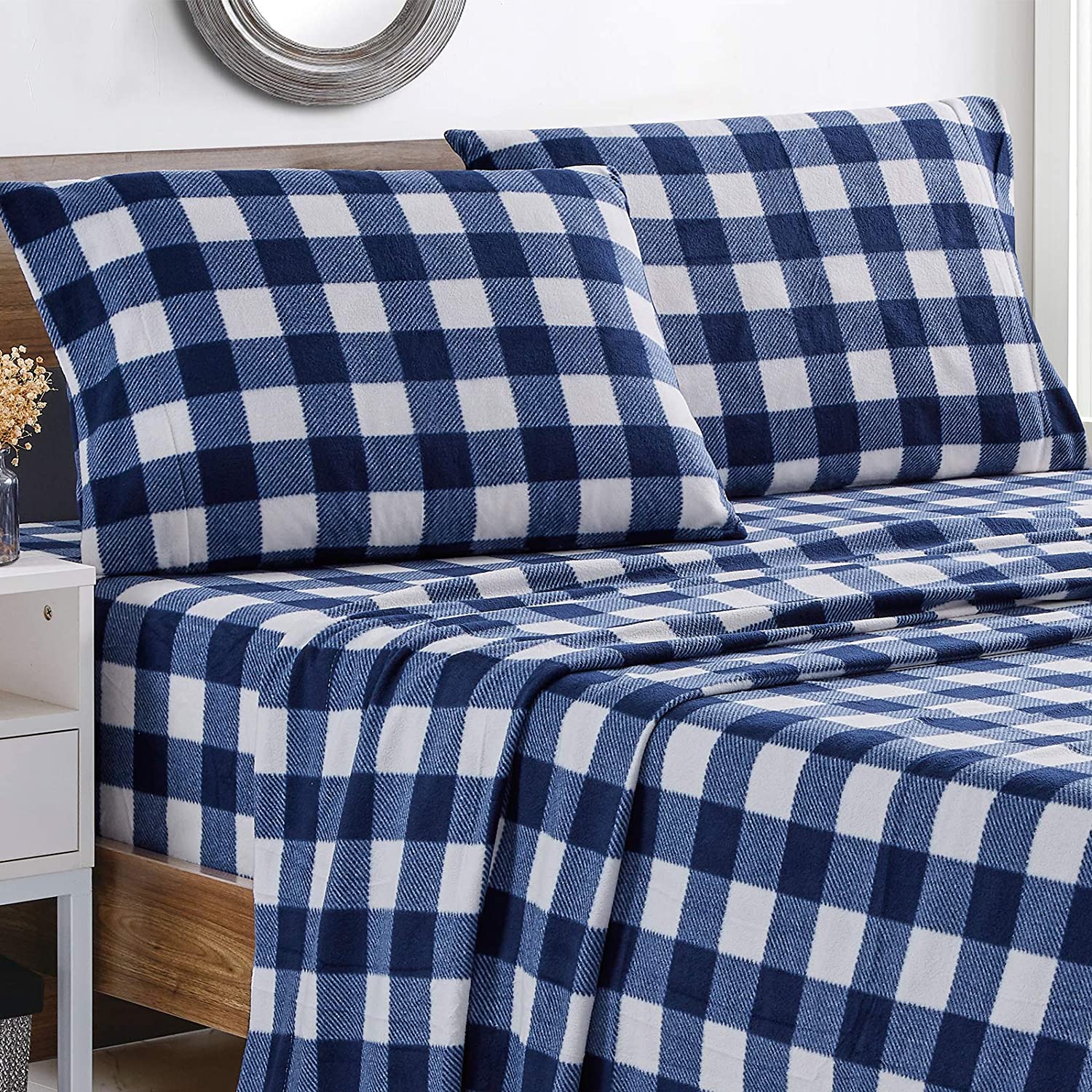 Price:$53.30 Polar Fleece Bed Sheet Set, Super Soft Plush Microfiber 4 Pcs, Easy Care and Breathable Bed Sheets with 15" Deep Pocket for All Seasons, Navy Plaid, Queen : Home & Kitchen