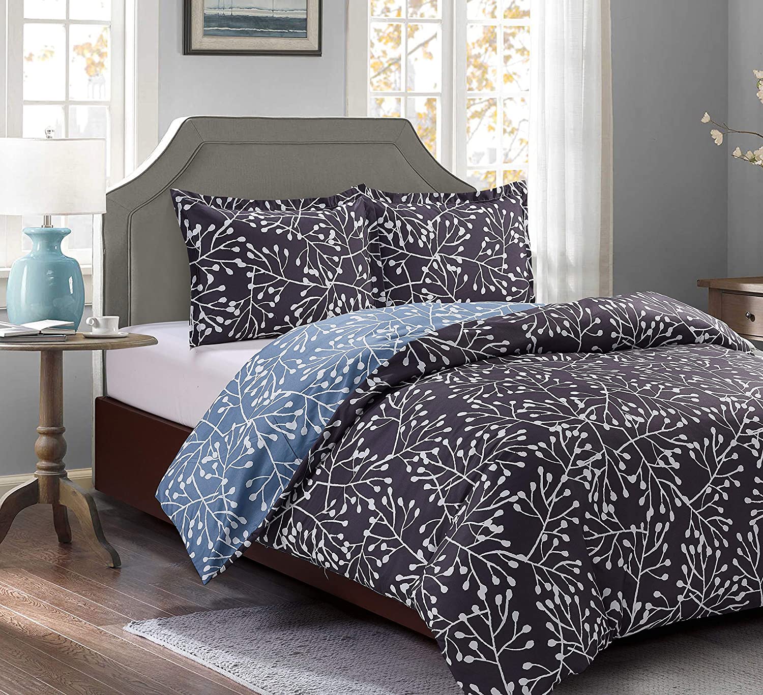 Price:$35.67 Lane Branches Duvet Set, Full/Queen, Gray/Blue : Home & Kitchen