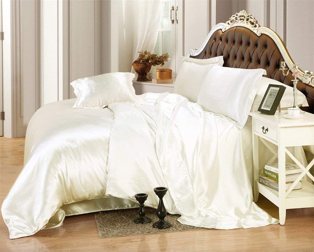 Price:$65.99 Linen 100% Pure Silky Satin 4-Piece Duvet Set with Fitted - Duvet Cover, Two Pillowcases Size Queen,Ivory : Home & Kitchen