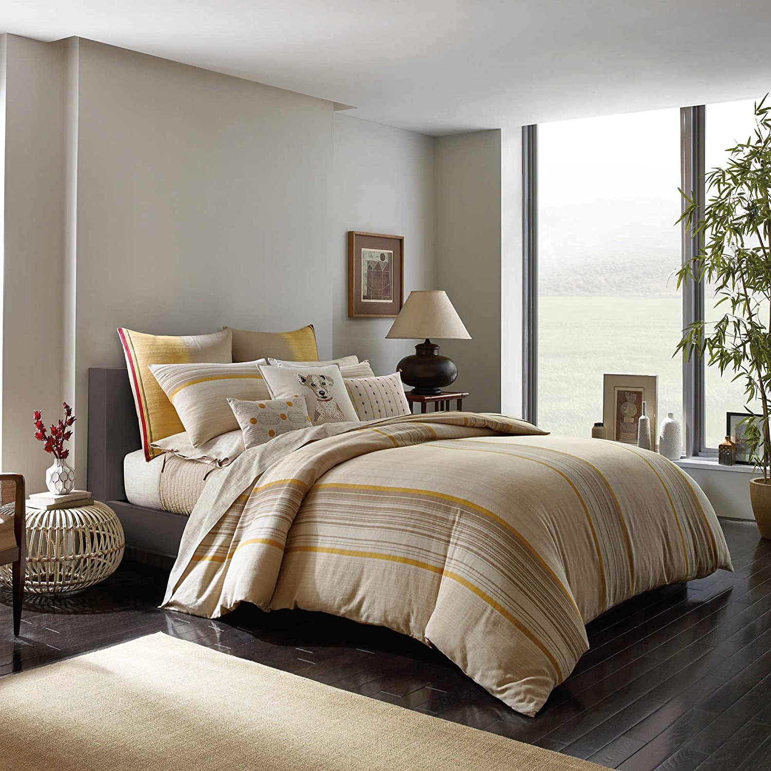 Price:$149.99 Degeneres ED Toluca King Duvet Cover Set, Light Brown Yellow Stripe : Home & Kitchen