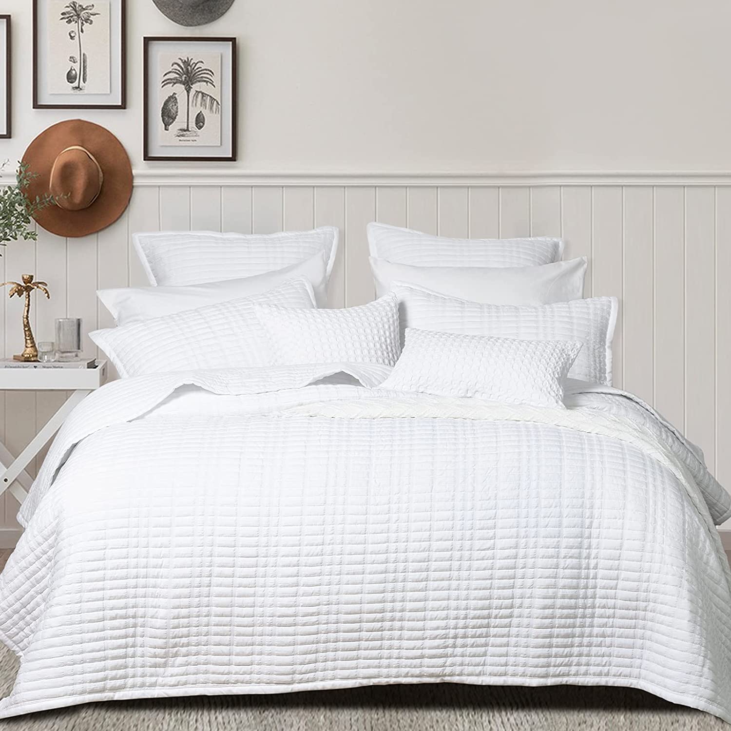 Price:$47.99 Seersucker Quilt Set King Size, 3PCS Textured Stripe Washed Microfiber Bedspread, Boho Stylish Bed Spread for All Season, 1 Coverlet 104" x 90" and 2 Pillow Cases 20" x 36", White : Home & Kitchen