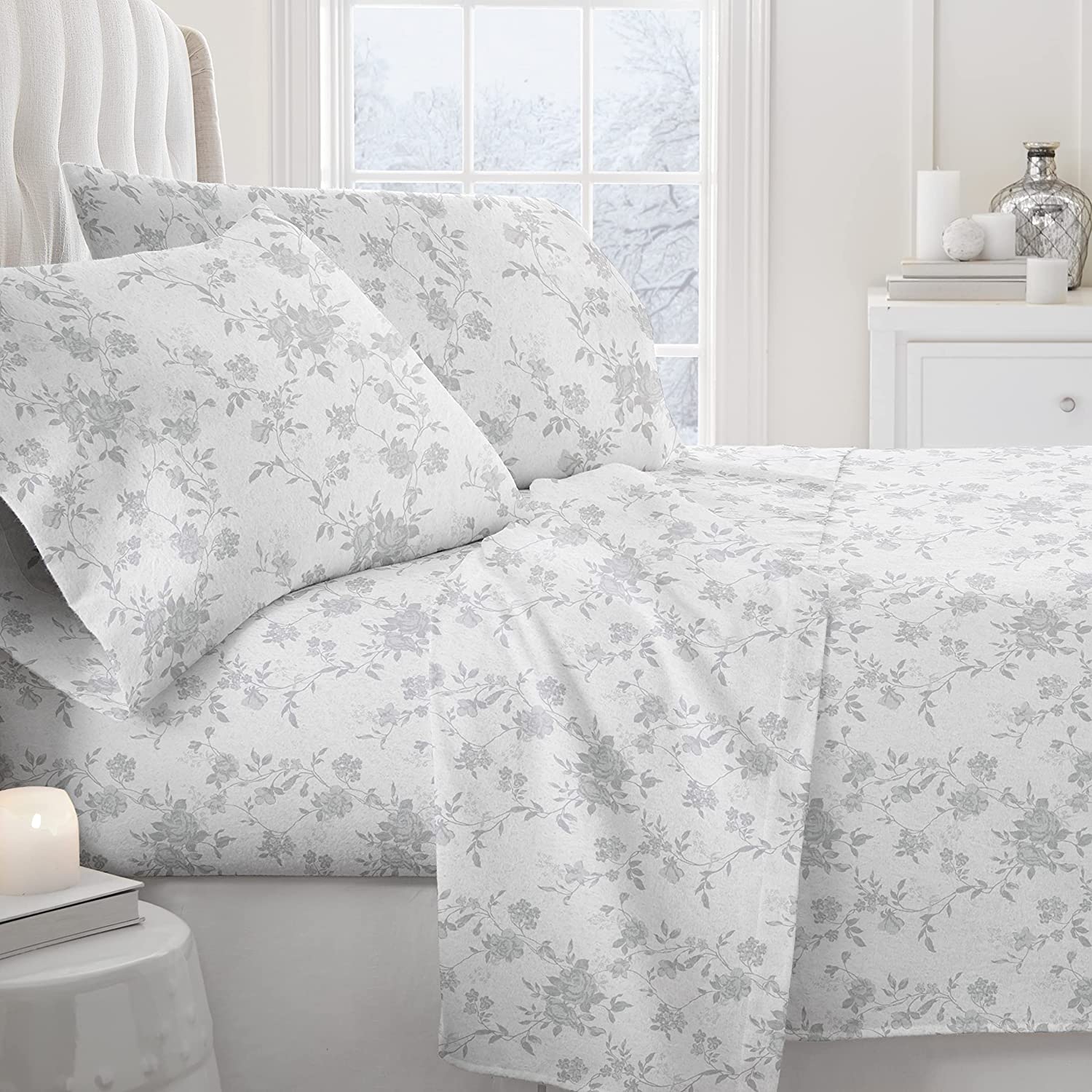 Price:$51.90 Market Premium Sylvan Rose 4 Piece Flannel Bed Sheet Set Queen Gray (IEH-4PC-FSR-QUEEN-GRAY) : Home & Kitchen