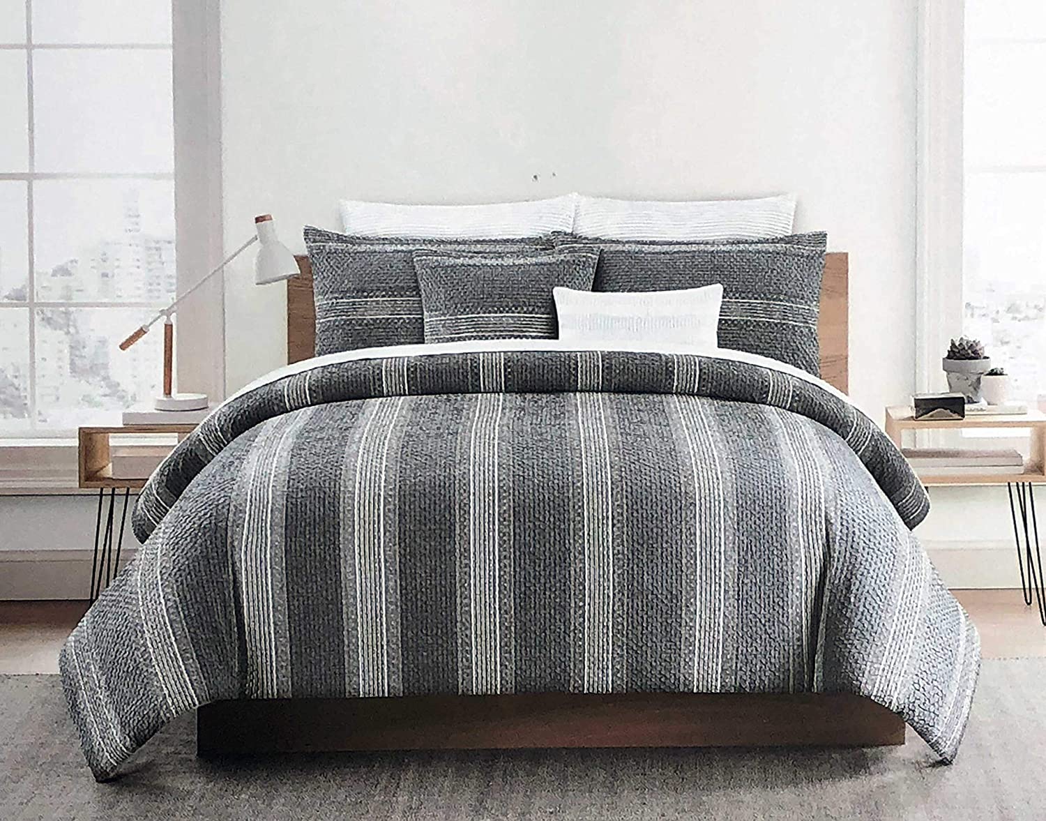 Price:$74.99 Texture Collection 3pc Duvet Cover Set Vertical Stripes in Shades of Gray and White Vintage Retro Farmhouse Style Ruched Bubble Texture (Full/Queen) : Home & Kitchen
