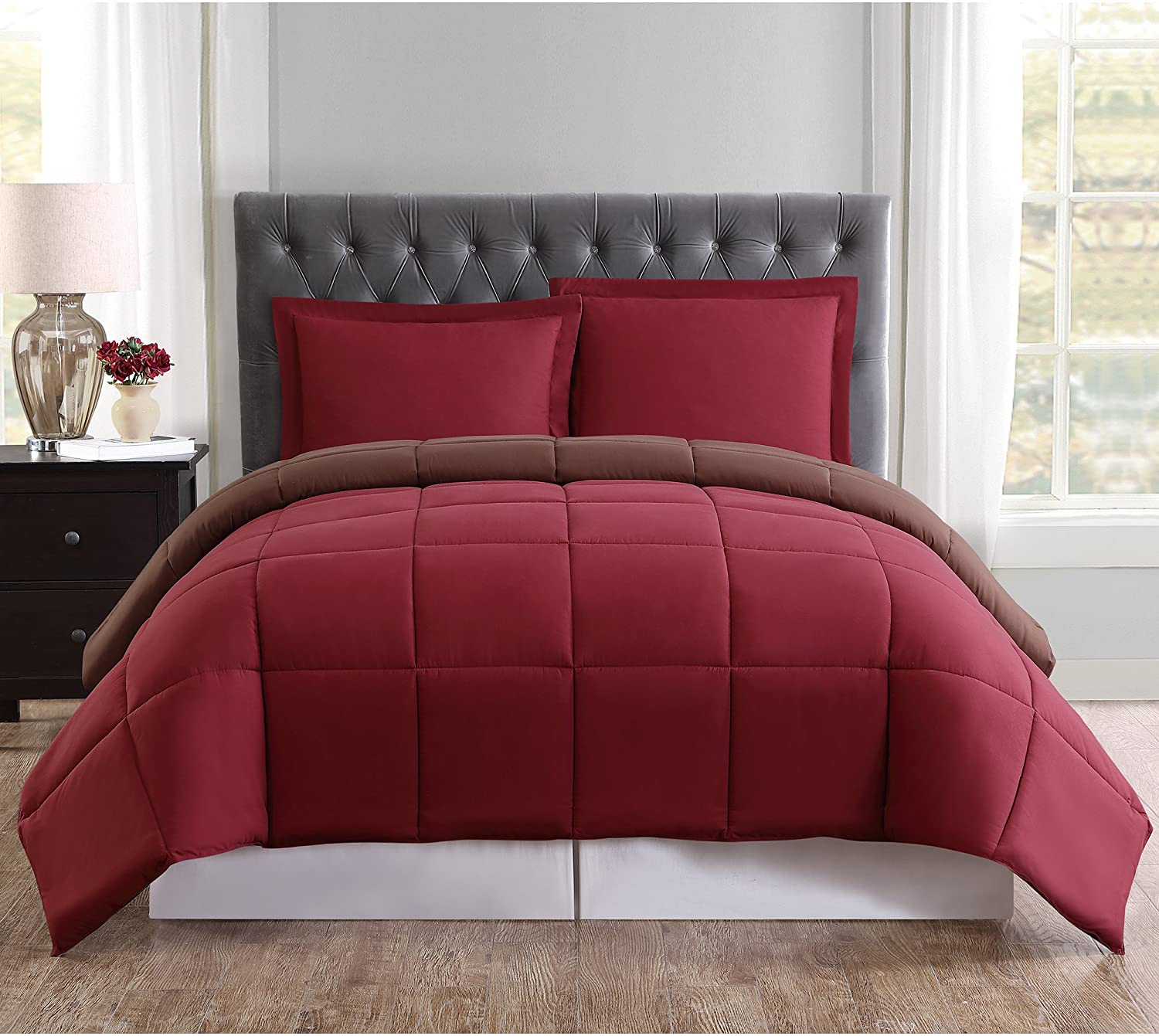 Price:$65.99 Soft Everyday Reversible Comforter and Shams Mini Set Burgundy and Brown King : Home & Kitchen