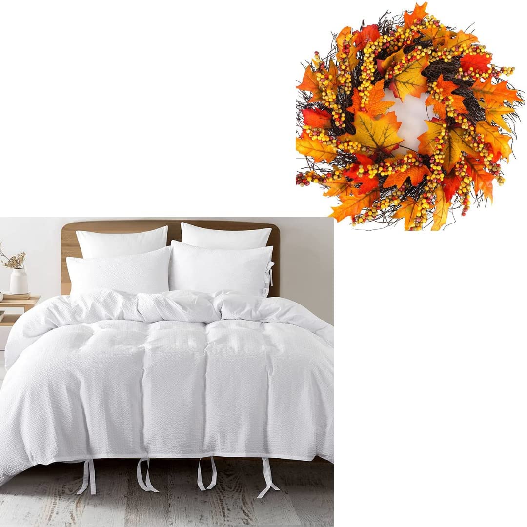 Price:$57.99 Bundle-Seersucker White Duvet Cover (Queen Size) & Fall Wreath for Front Door, 3 Pieces 100% Washed Microfiber Duvet Cover Set, Maple Fall Thanksgiving Wreath. : Home & Kitchen