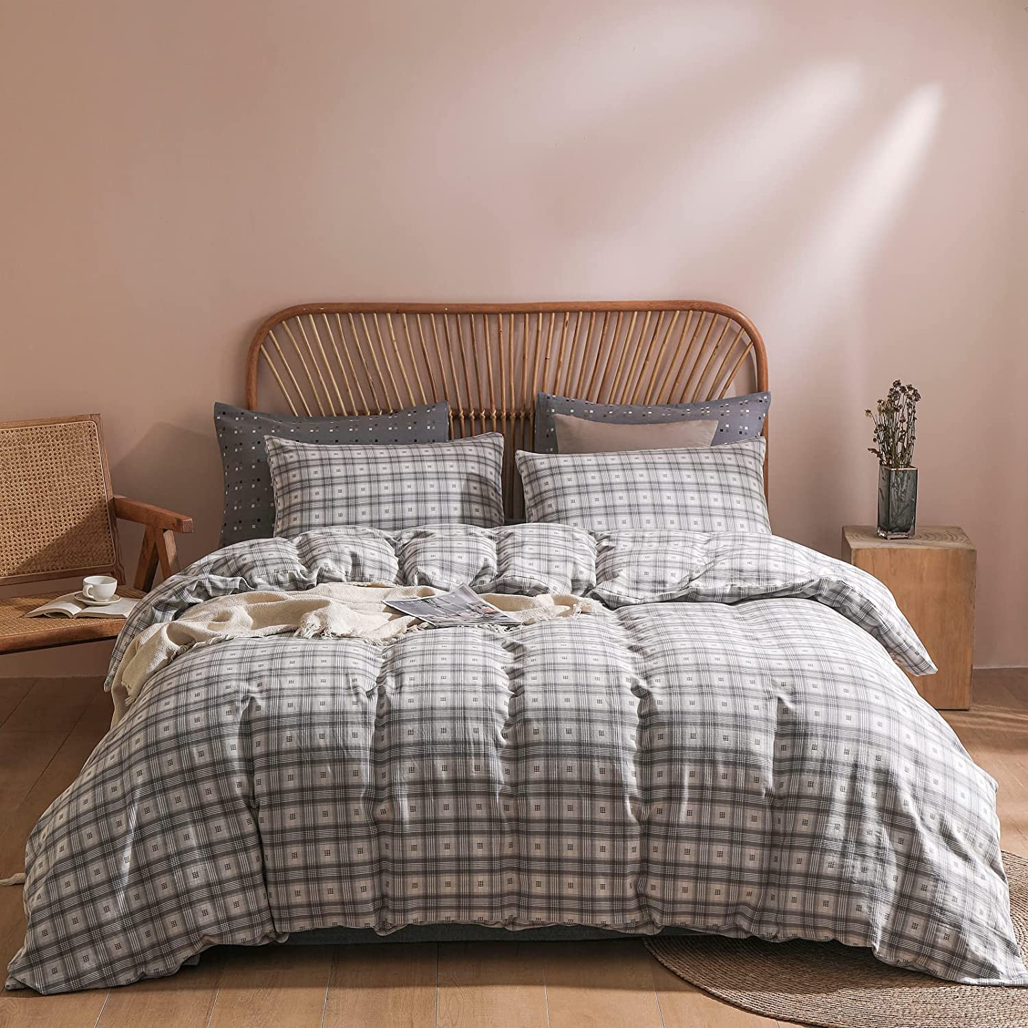Price:$89.99 MOON 100% Natural Egyptian Cotton Duvet Cover Queen Size, Double Layer Breathable Gauze Cotton Duvet Cover, 3 Piece Luxury Bedding Set Textured Plaid Cool Duvet Cover for Hot Sleepers : Home & Kitchen