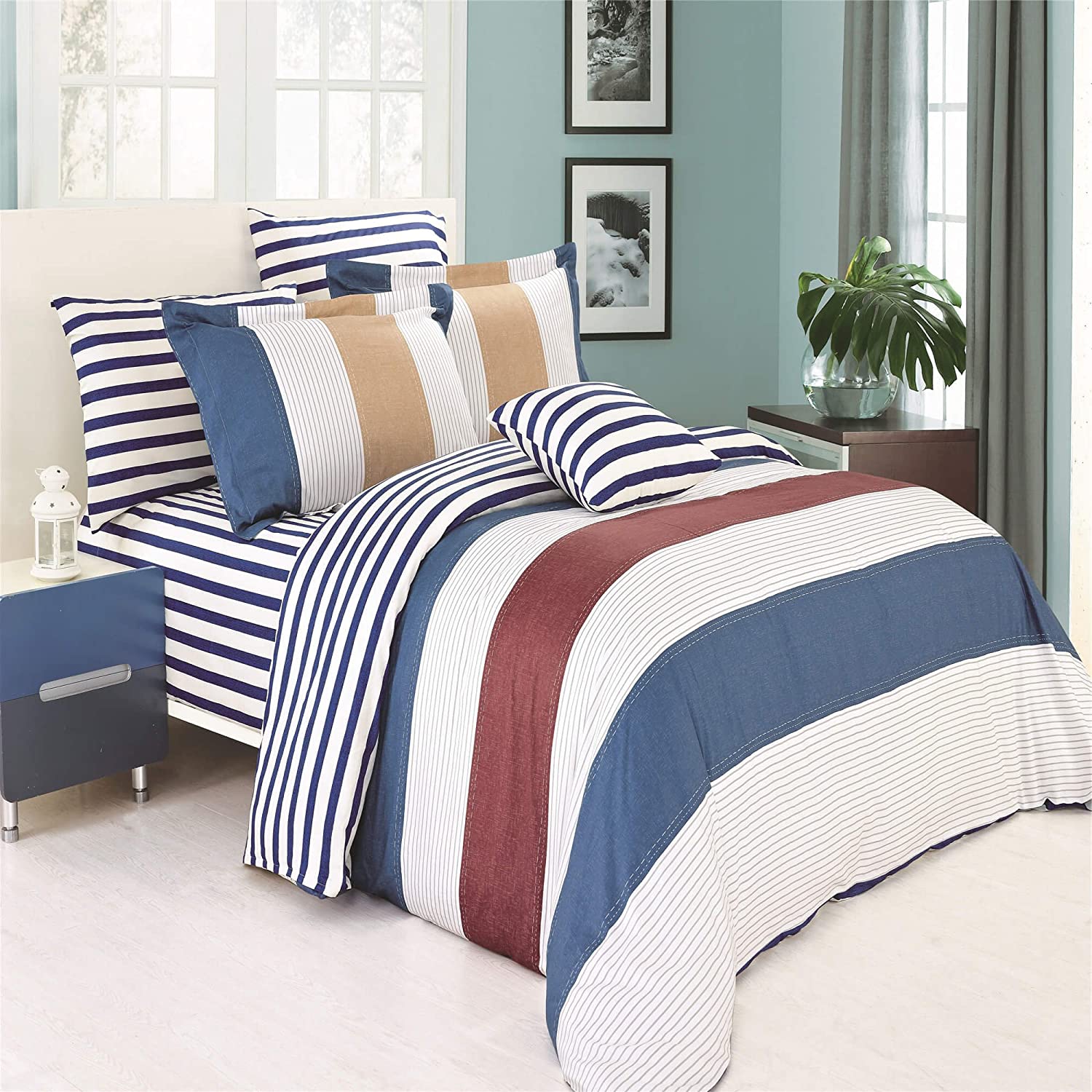 Price:$127.74 HOME MIDLAND0DCKG 100% Cotton Duvet Cover Set, King, Stripes Blue, 4 Piece : Home & Kitchen