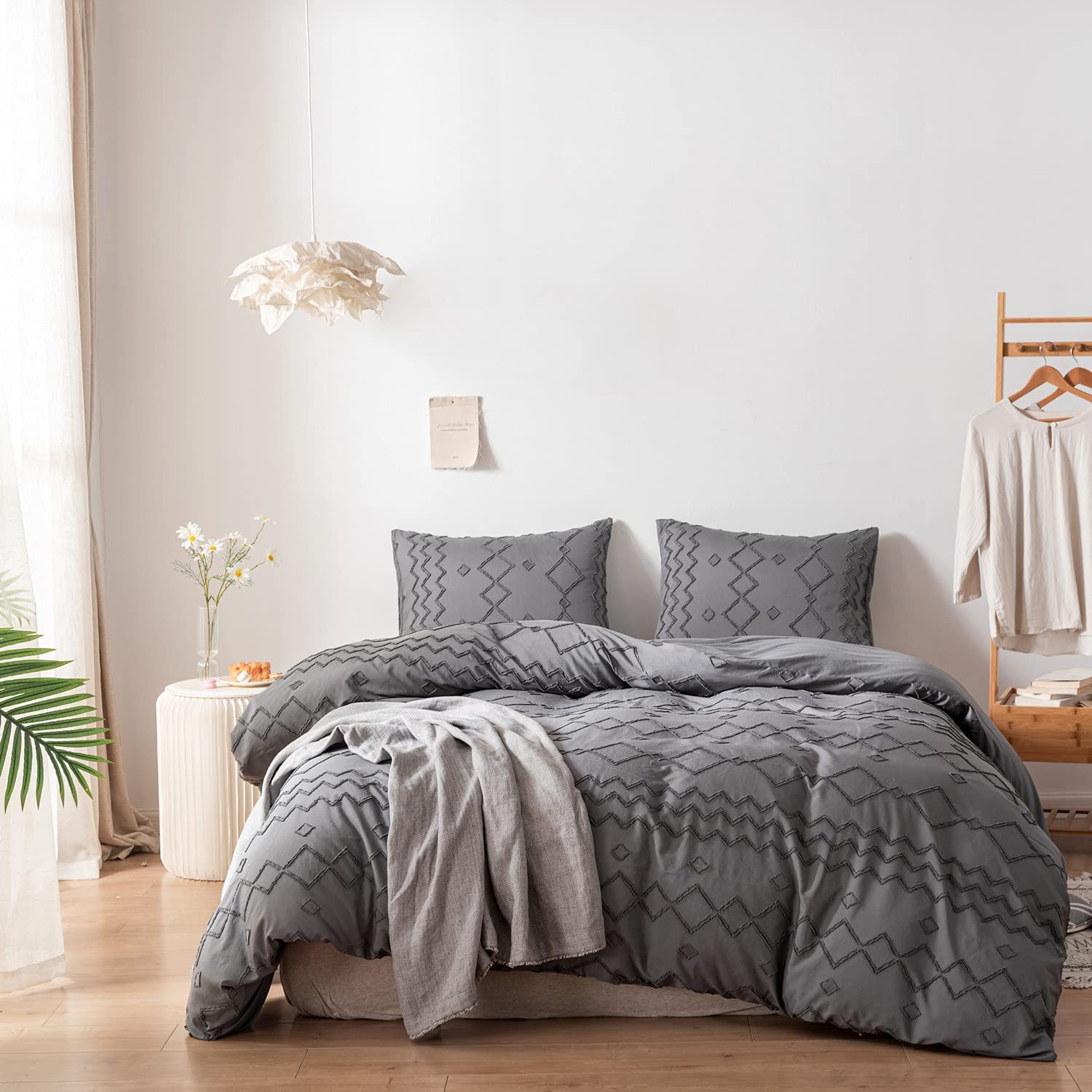 Price:$79.99 Grey King Size Duvet Cover Set, Soft Microfiber Chic Floral Frills Decorative Cut Flowers, Farmhouse Hotel Bedding Set 104x90 Inches : Home & Kitchen