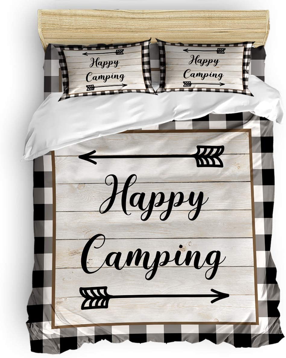 Price:$89.00 Star 4-Pieces Duvet Cover Bed Set Happy Camping on Rustic Wood California King Ultra Soft Bed Quilted Coverlet Bedding Sheet with 2 Pillowcases, Buffalo Plaid Border : Home & Kitchen