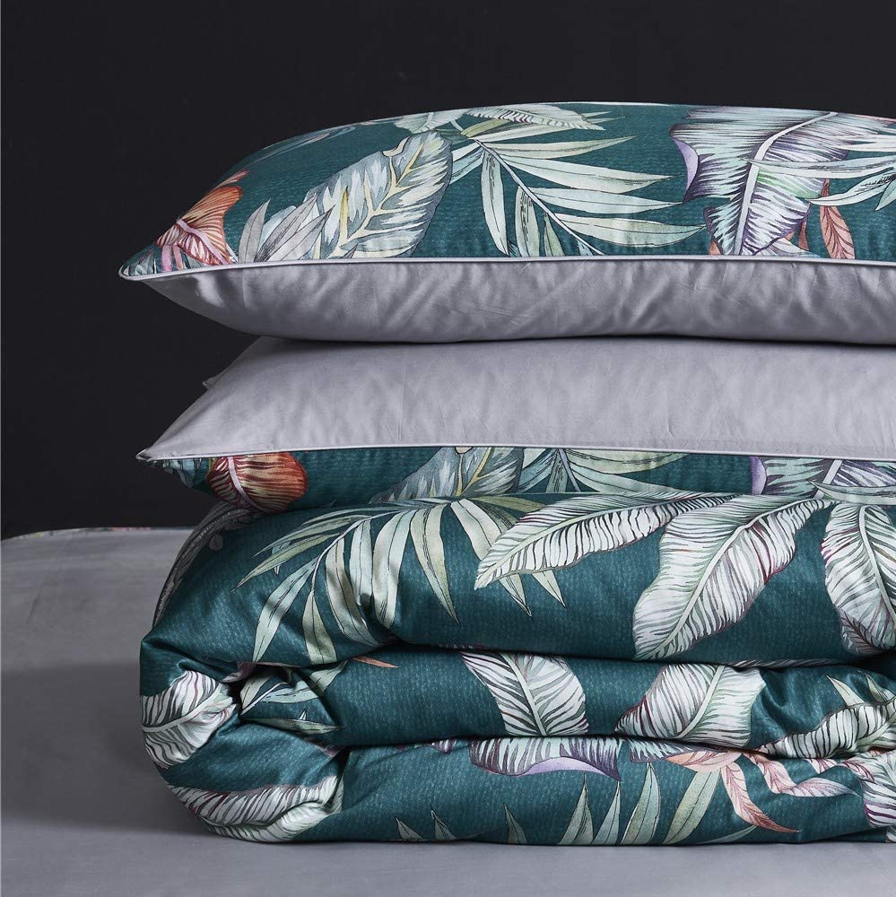 Price:$128.00 Cotton Queen Size Duvet Cover Set 300-Thread-Count Long-Staple Egyptian-Cotton-Sateen Modern Two-Face Design [Solid French-Gray and Bismarck-Blue Banana-Leaves Print] : Everything Else