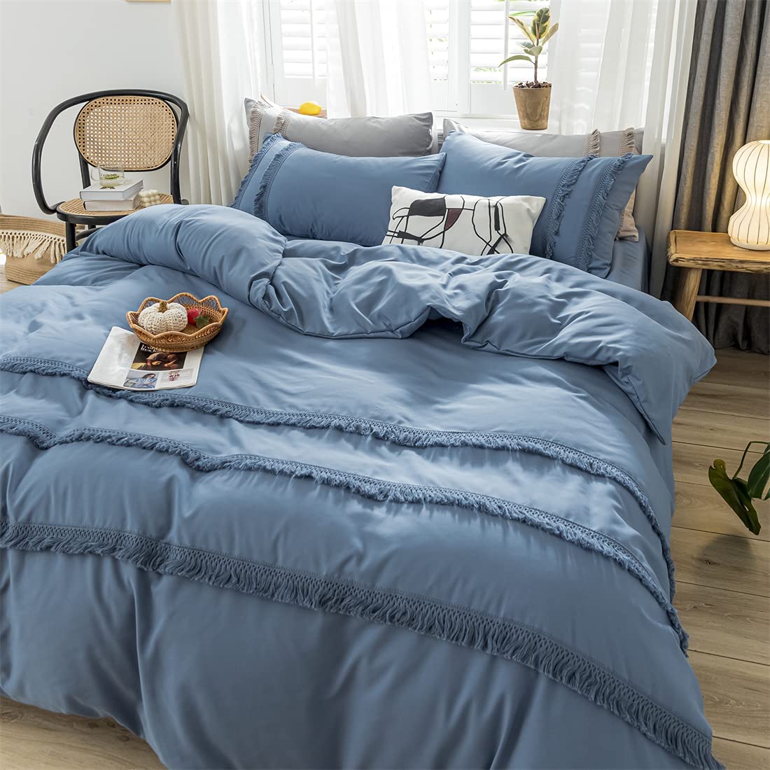 Price:$39.99 Cover Queen,100% Washed Microfiber 3pcs Bedding Cover Set, Boho Fringe Tassel Solid Color Soft and Breathable with Zipper Closure & Corner Ties (Blue, Queen) : Home & Kitchen