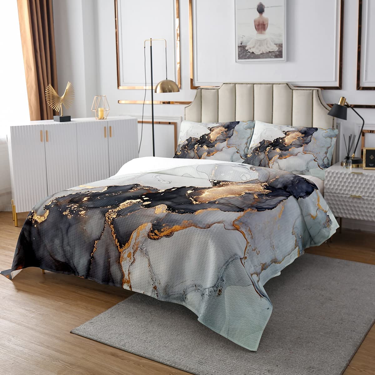 Price:$69.00 Black Marble Bedspreads King,Black and Grey Marble Coverlet Set Men Teens Boys Modern Gray Orange Abstract Art Tie Dye Quilt Set Gothic White Gold Marble Bedding Set Soft Durable : Home & Kitchen