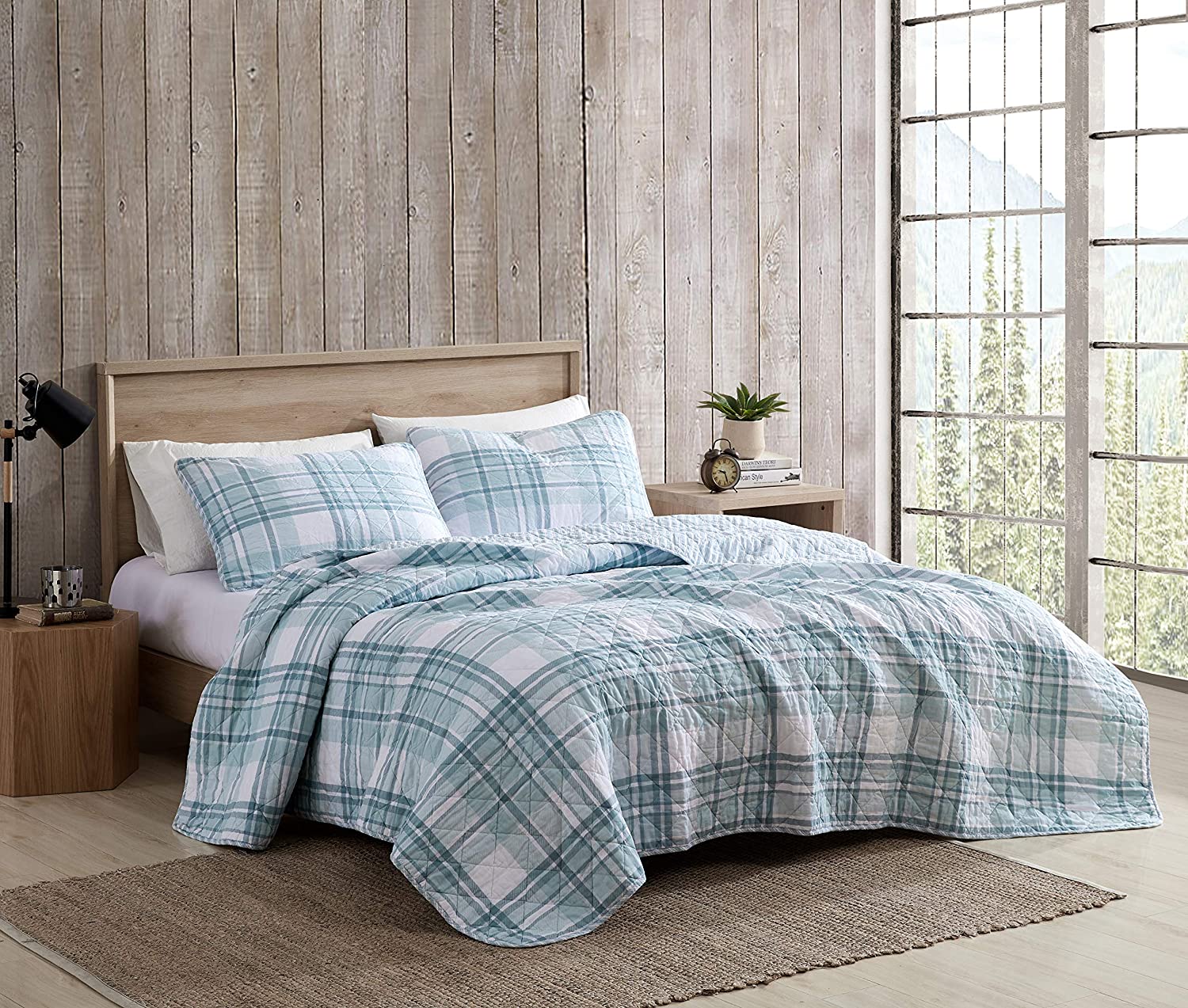 Price:$110.49 Bauer Home | Coal Creek Collection | Quilt Set-100% Cotton, Reversible, Lightweight Bedding with Matching Shams, Pre-Washed for Added Comfort, King, Green : Home & Kitchen