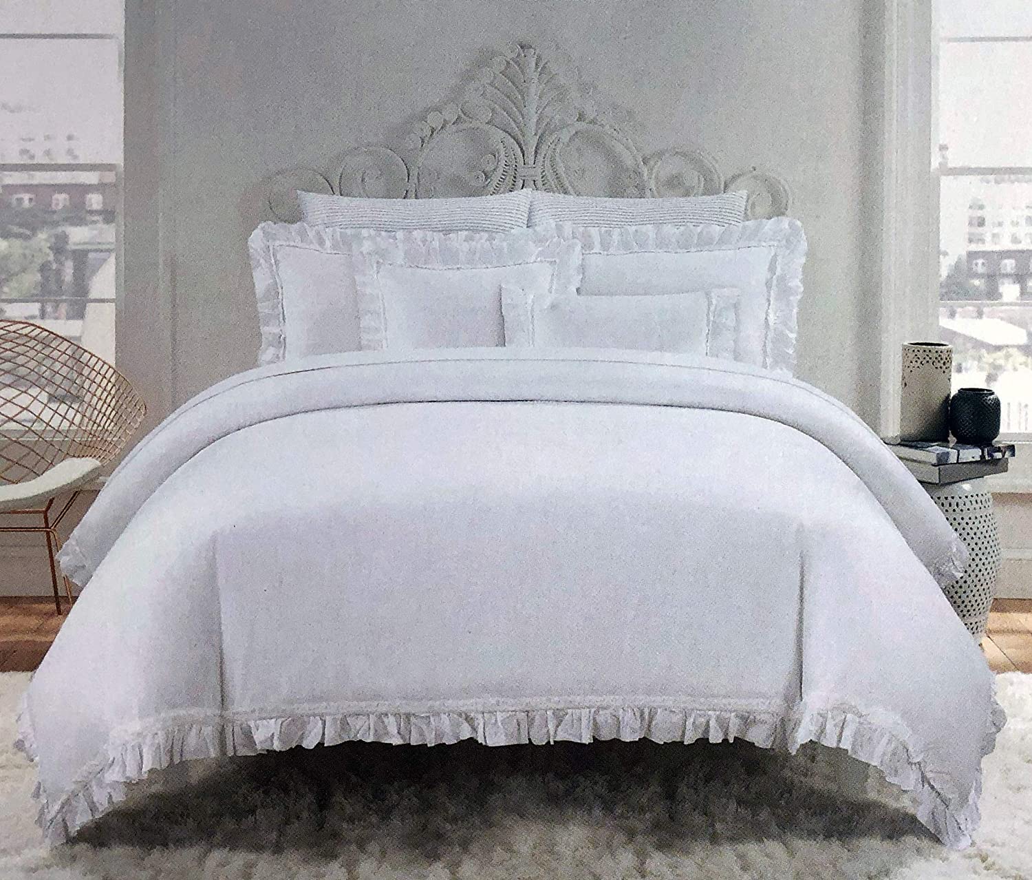 Price:$84.99 Home 3pc Duvet Set Solid White with Ruffled Edge French Farmhouse 100% Cotton Percale Luxury Comforter Cover Shams Set (King) : Home & Kitchen