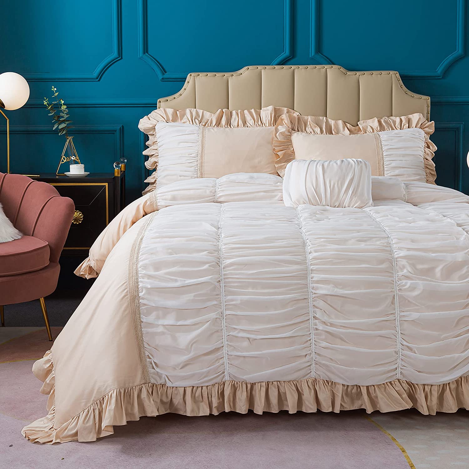 Price:$125.00 Vintage 4pcs Duvet Cover Bedskirt Girls Bedding Sets Ruched White Yarn Ruffle Pleated 100% Cotton Elegant Zipper Duvet Cover Set & Bed Skirt & 2 Pillowshams King Size Light Brown : Everything Else